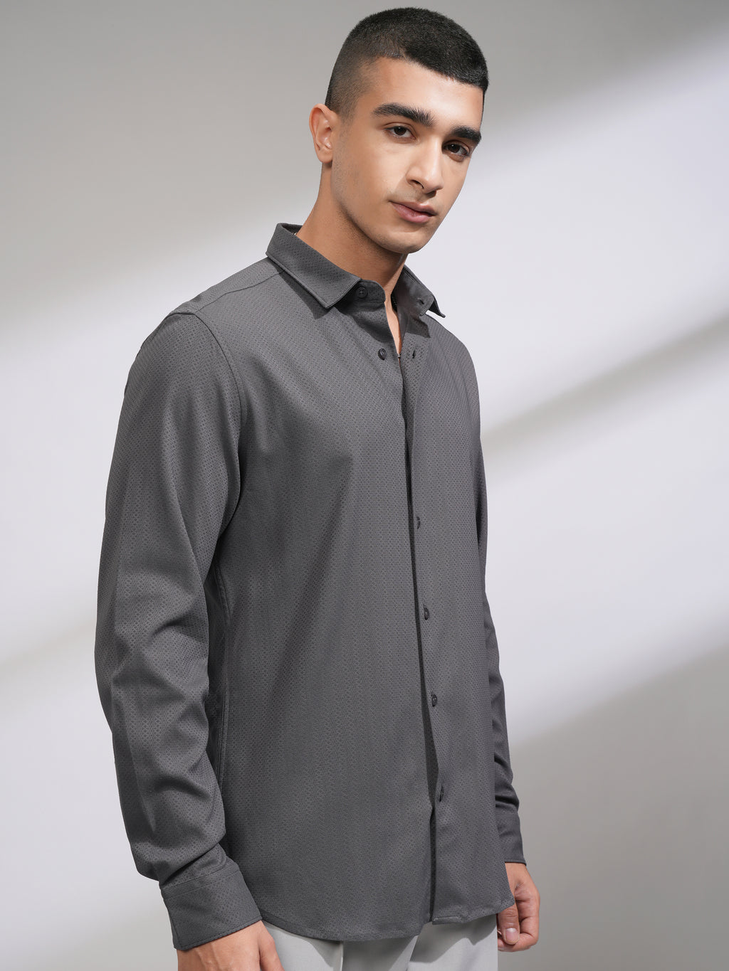 Highlander Men Grey Self Design Slim Fit Casual Shirt - Grey - Image 6
