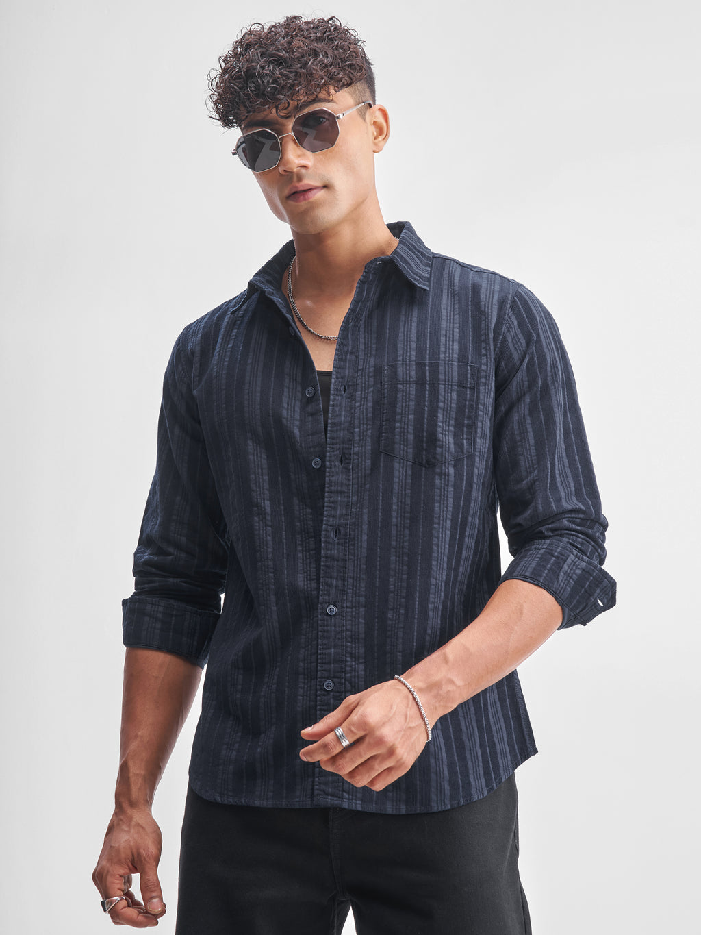 Highlander Men Navy Blue Striped Slim Fit Casual Shirt - Navy Blue - Image 1
