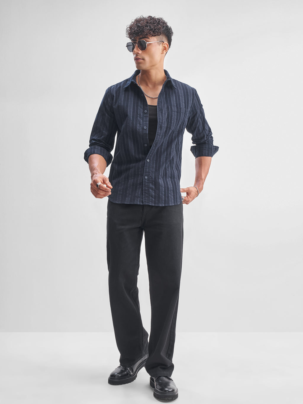 Highlander Men Navy Blue Striped Slim Fit Casual Shirt - Navy Blue - Image 2