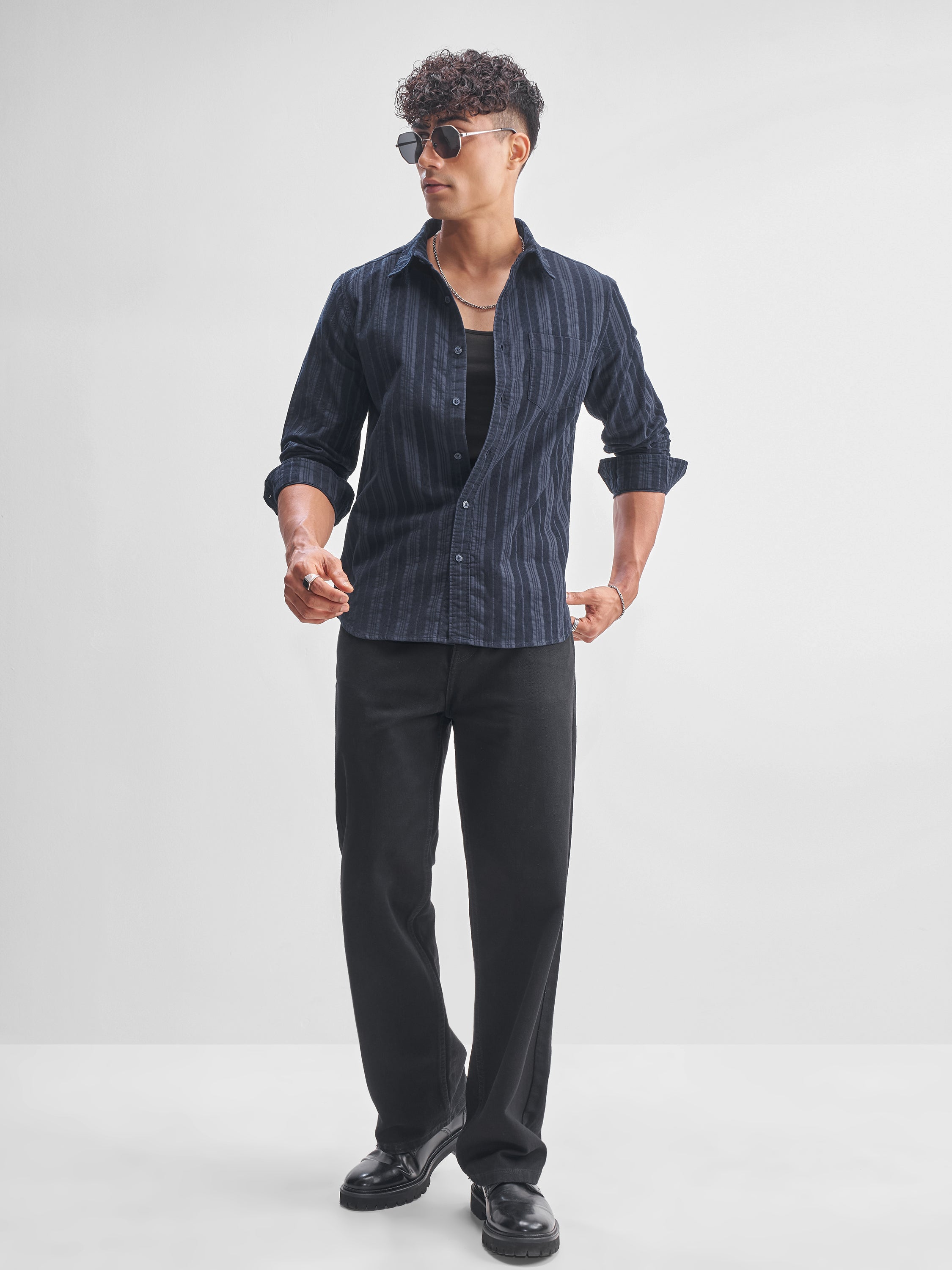 Highlander Men Navy Blue Striped Slim Fit Casual Shirt - Navy Blue - Image 2