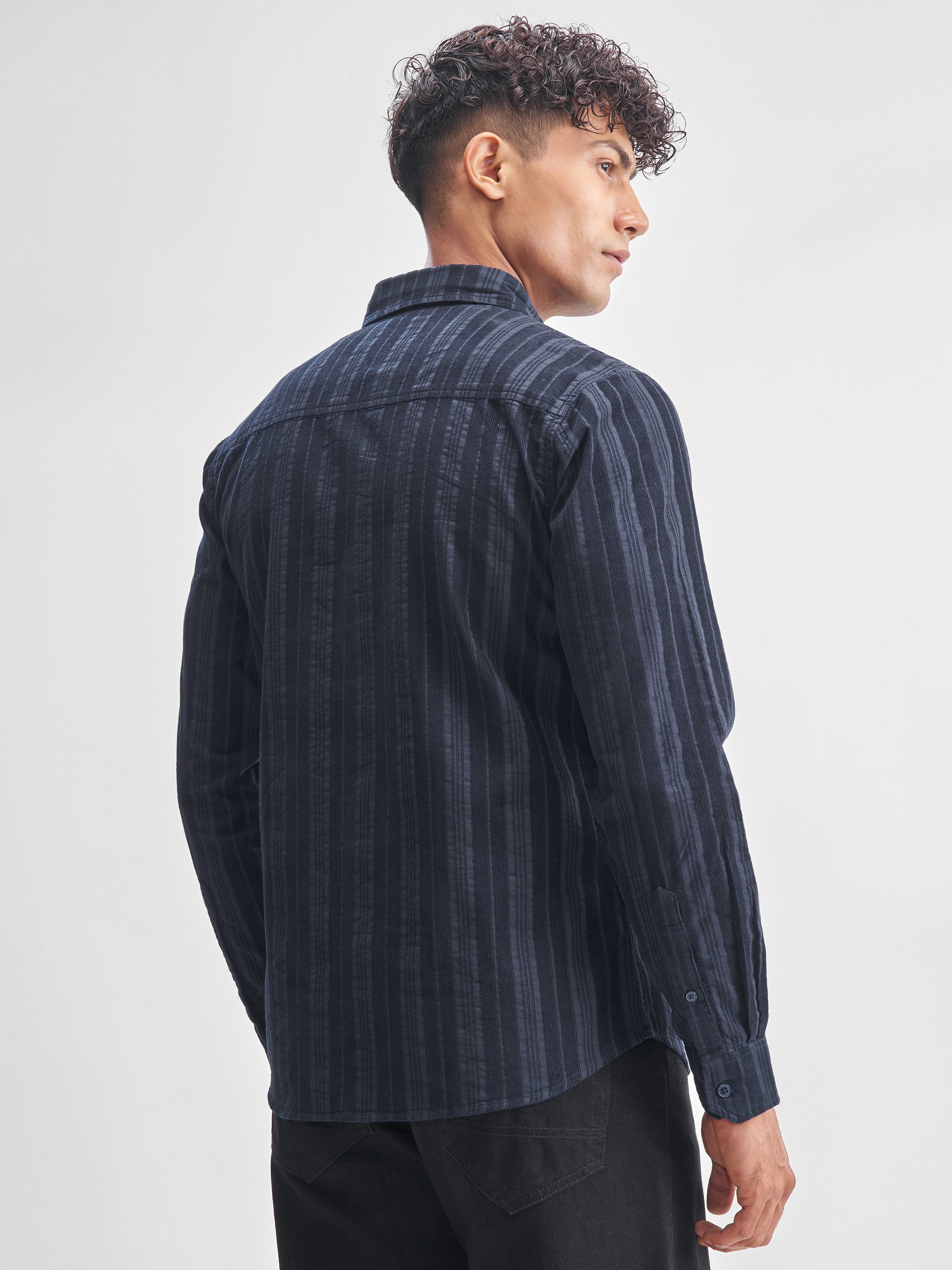 Highlander Men Navy Blue Striped Slim Fit Casual Shirt - Navy Blue - Image 3