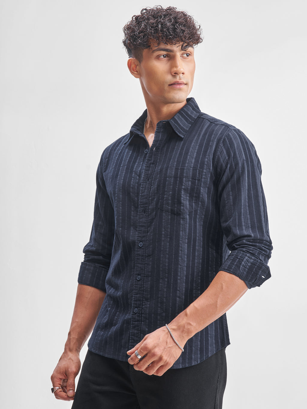Highlander Men Navy Blue Striped Slim Fit Casual Shirt - Navy Blue - Image 4