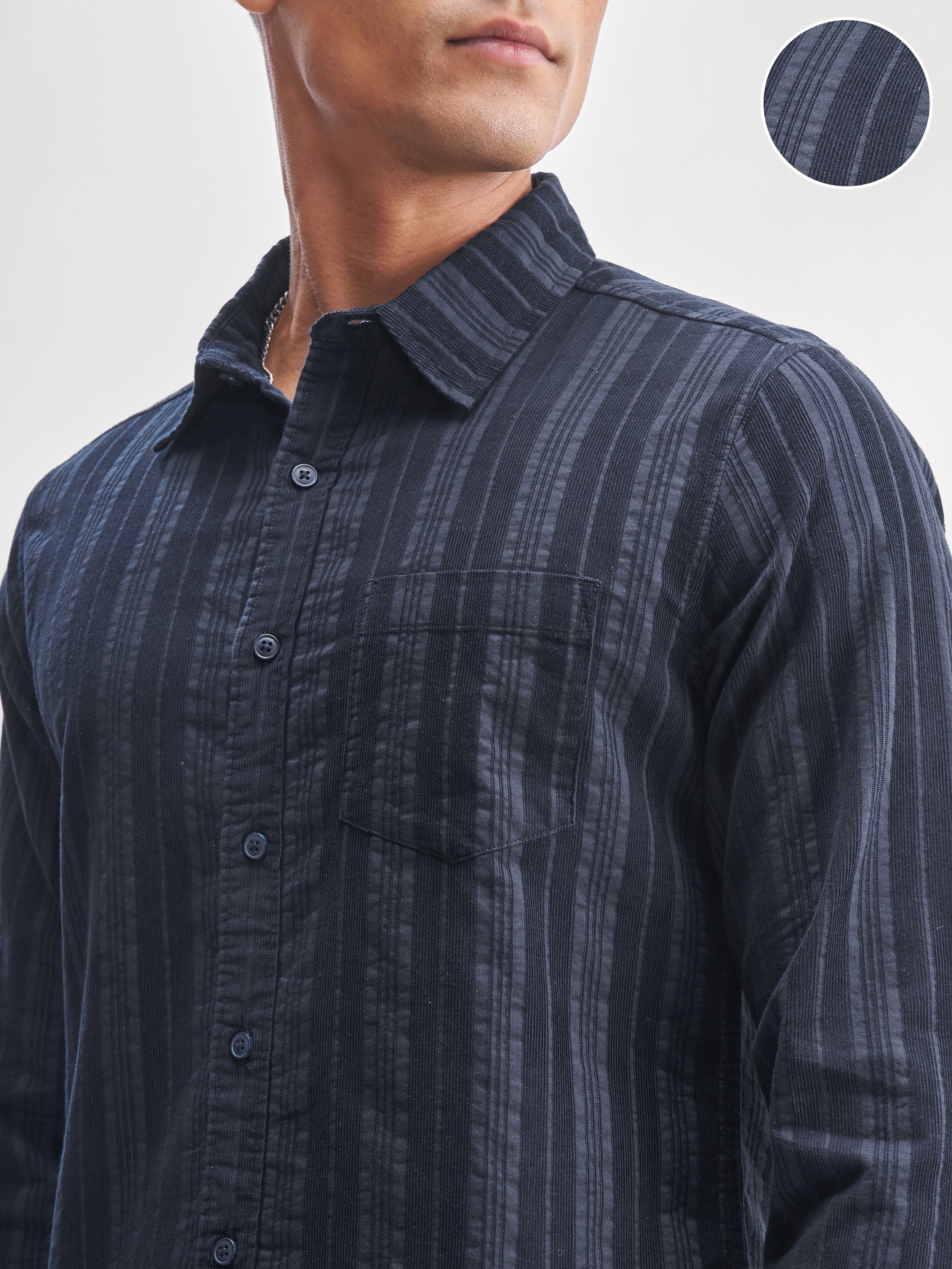 Highlander Men Navy Blue Striped Slim Fit Casual Shirt - Navy Blue - Image 5