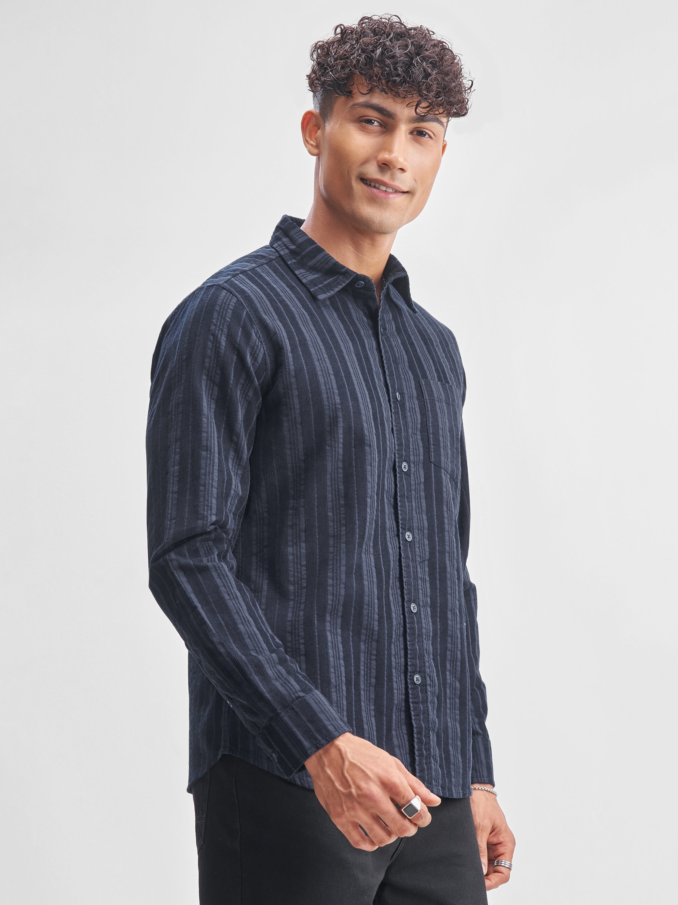 Highlander Men Navy Blue Striped Slim Fit Casual Shirt - Navy Blue - Image 6