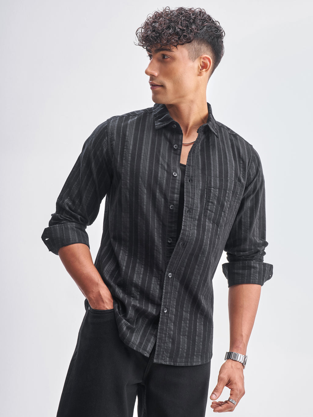 Highlander Men Black Striped Slim Fit Casual Shirt - Black - Image 1