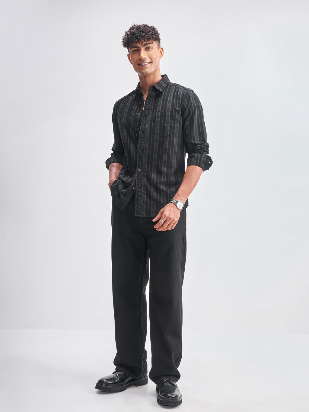 Highlander Men Black Striped Slim Fit Casual Shirt - Black - Image 2