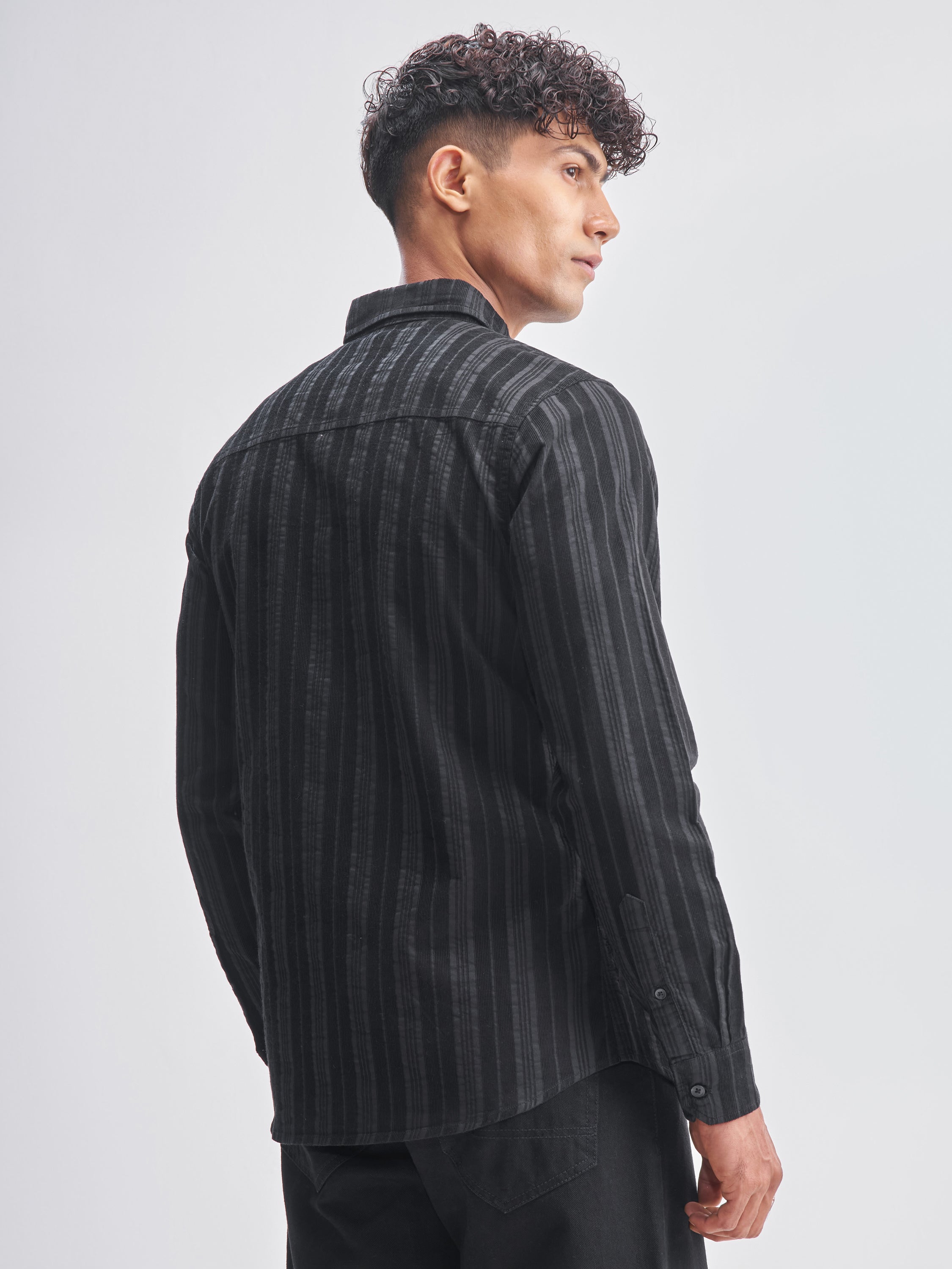 Highlander Men Black Striped Slim Fit Casual Shirt - Black - Image 3