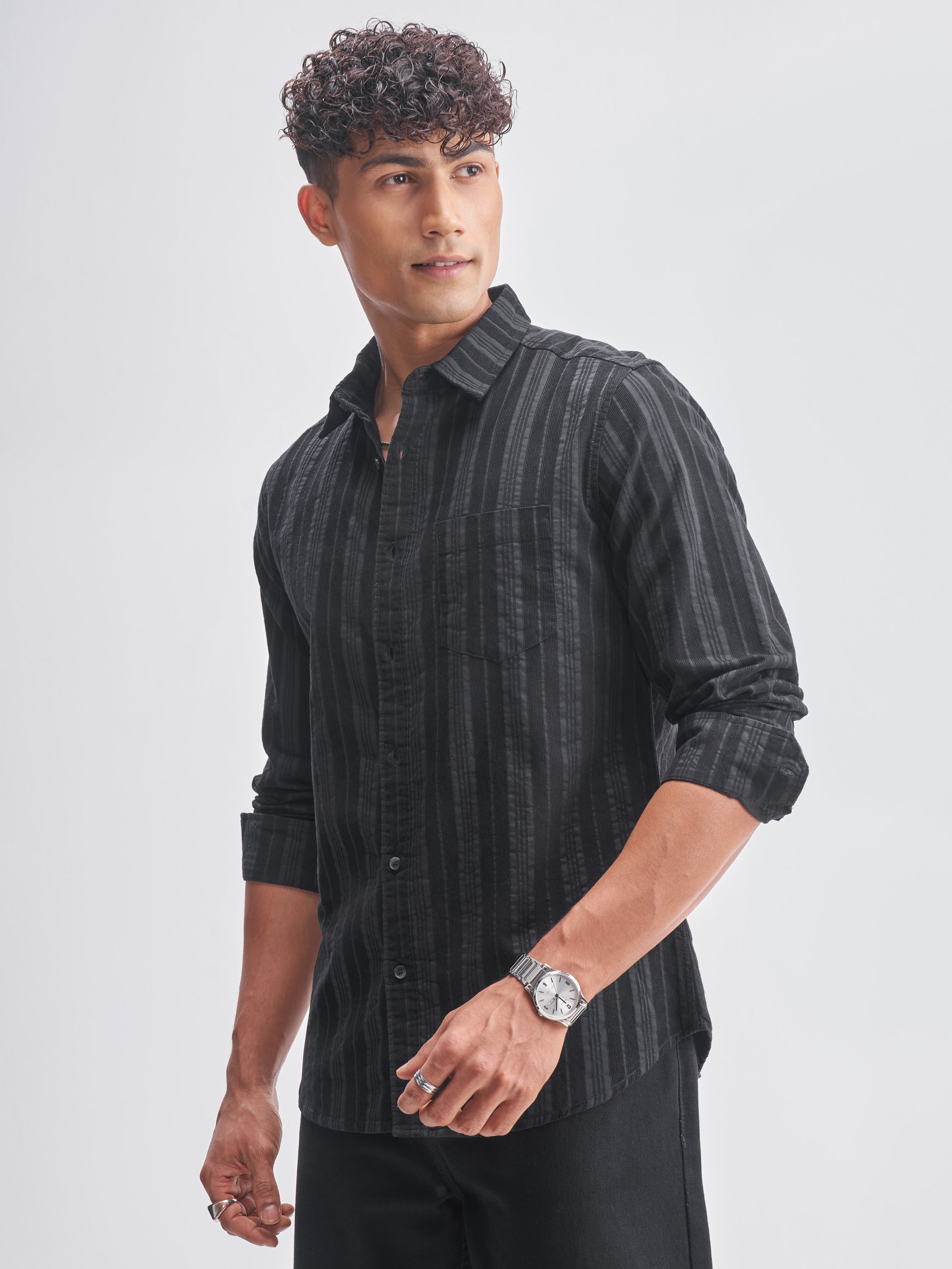 Highlander Men Black Striped Slim Fit Casual Shirt - Black - Image 4