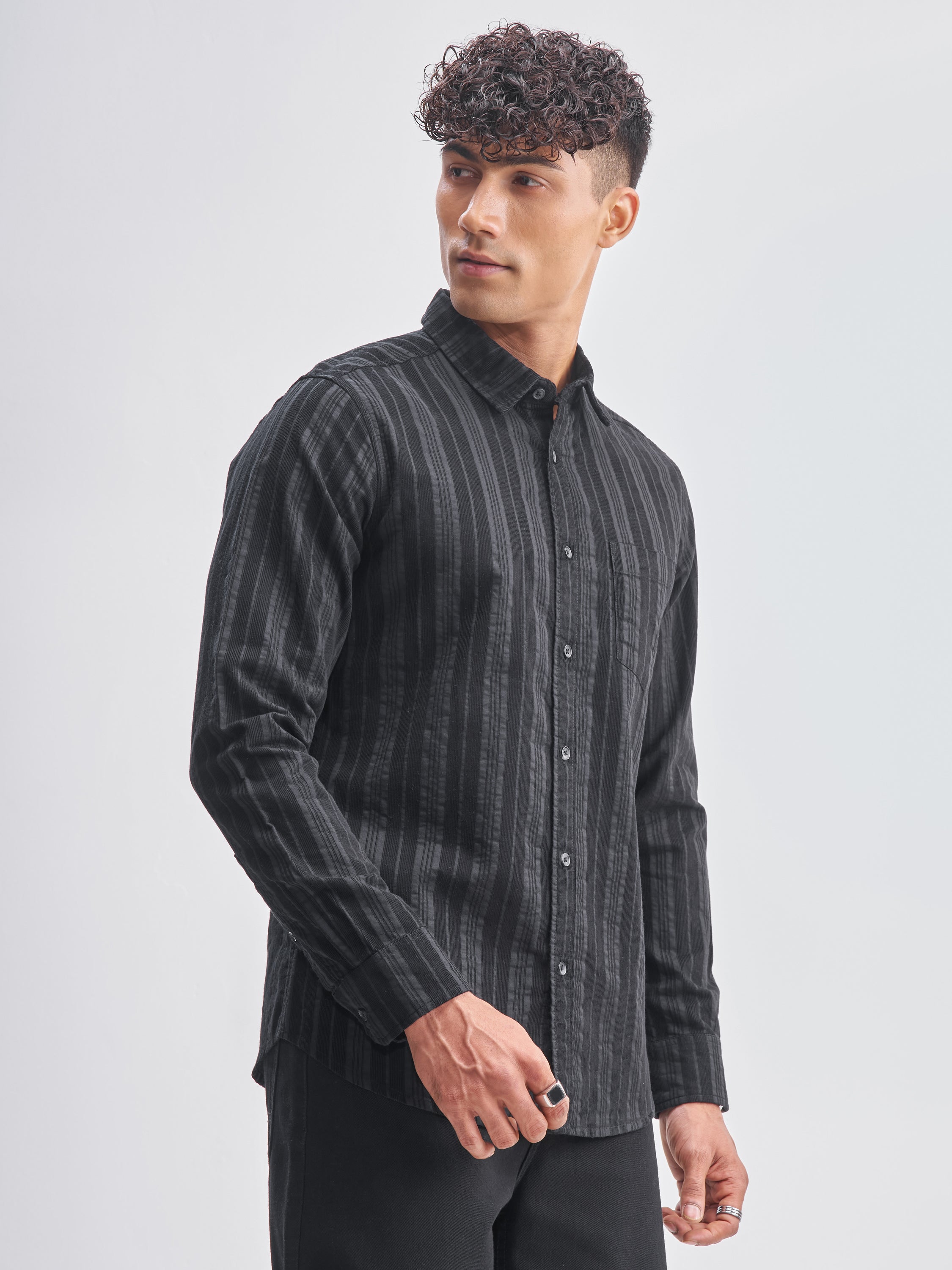 Highlander Men Black Striped Slim Fit Casual Shirt - Black - Image 6
