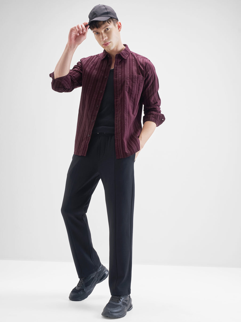 Highlander Men Burgundy Striped Slim Fit Casual Shirt - Burgundy - Image 2