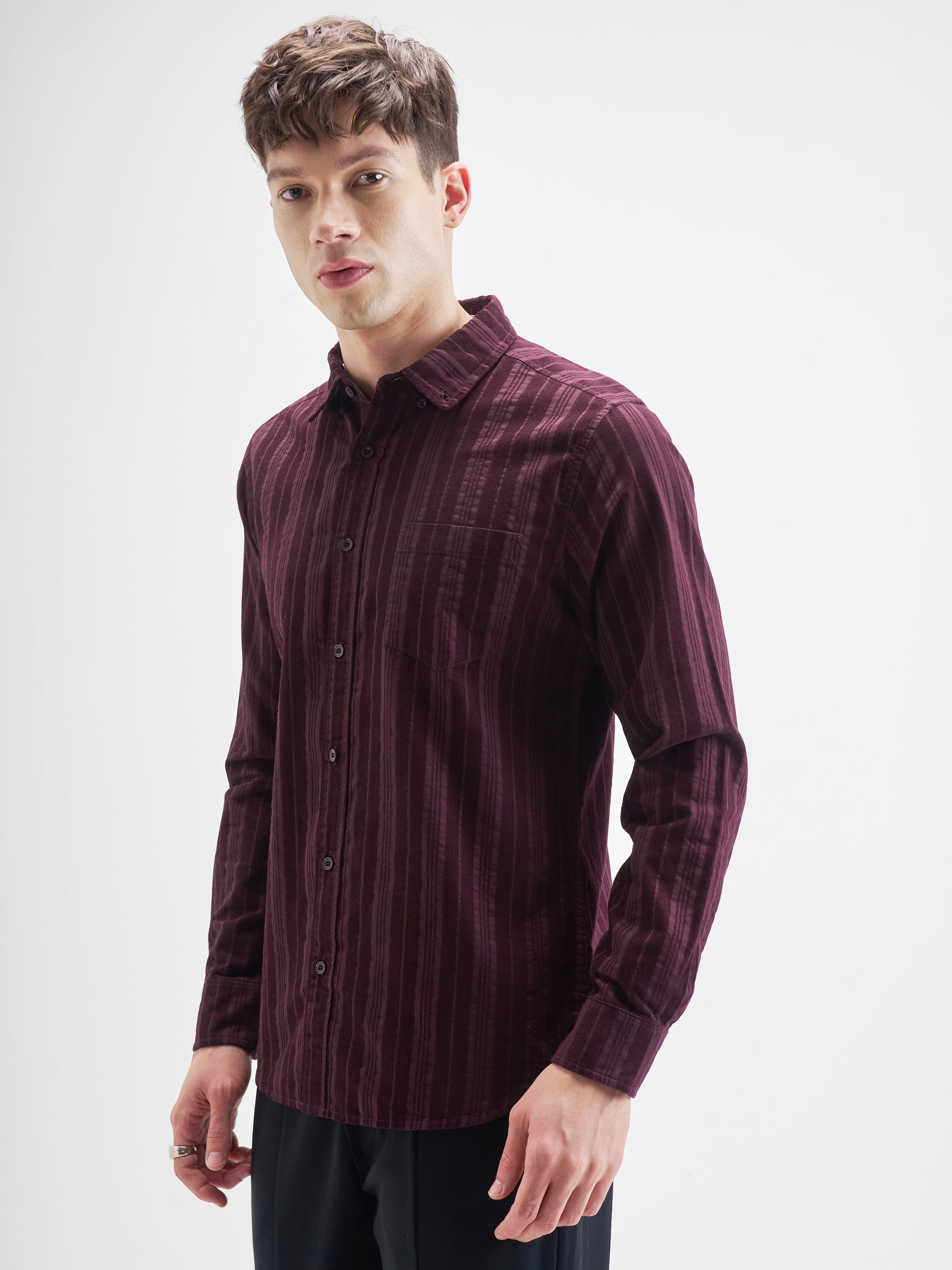 Highlander Men Burgundy Striped Slim Fit Casual Shirt - Burgundy - Image 4