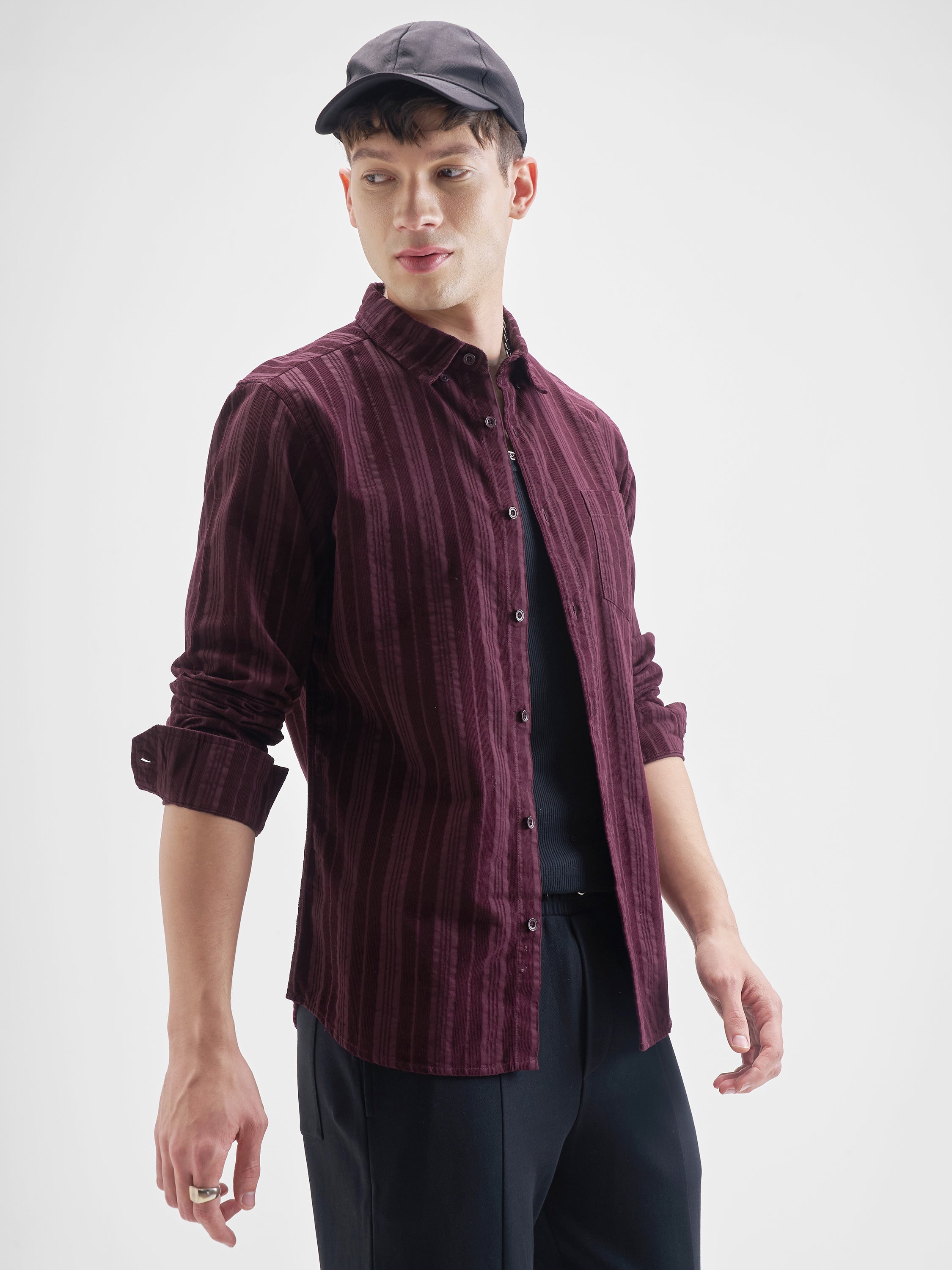 Highlander Men Burgundy Striped Slim Fit Casual Shirt - Burgundy - Image 6