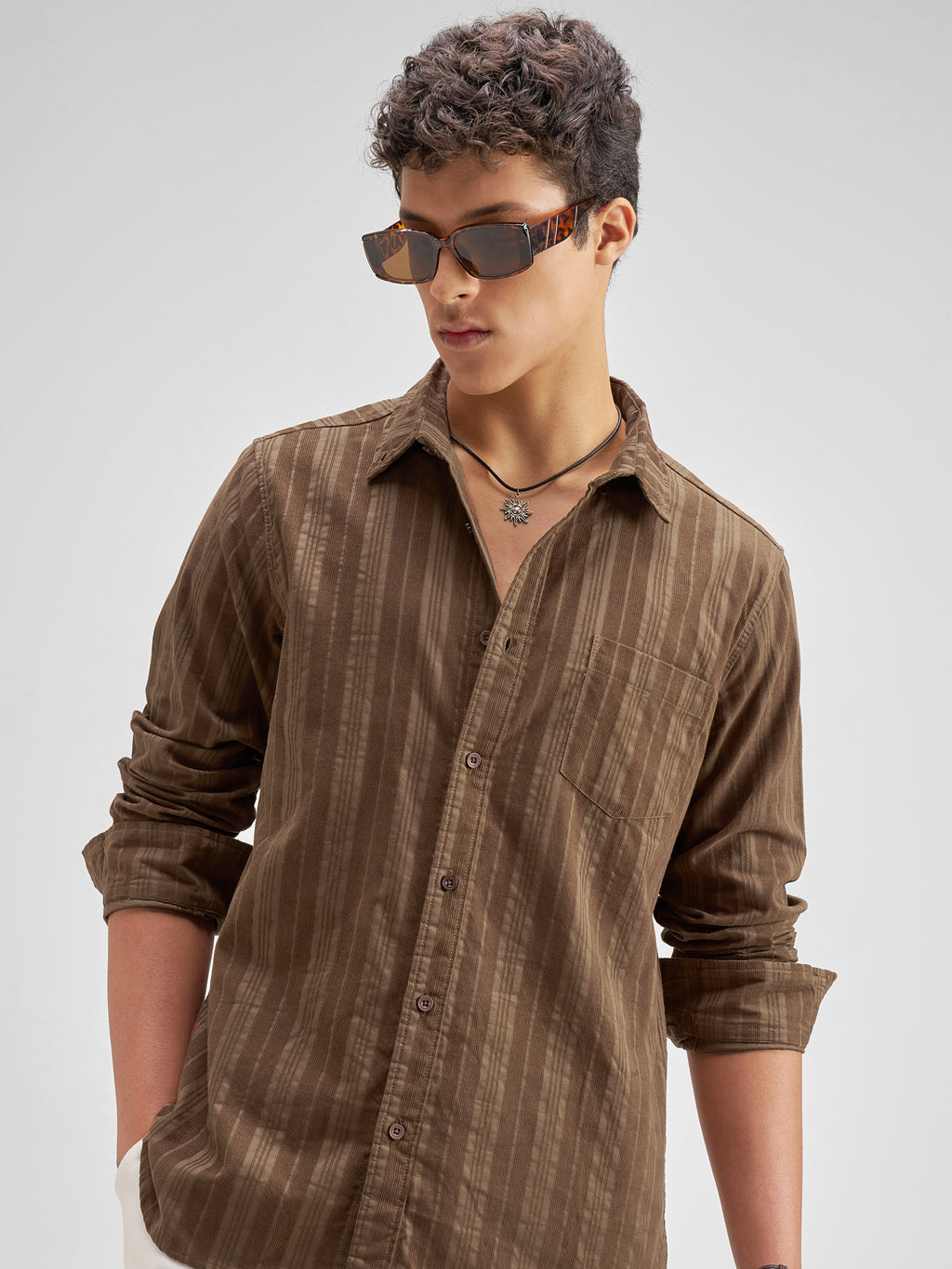 Highlander Men Brown Striped Slim Fit Casual Shirt - Brown - Image 1