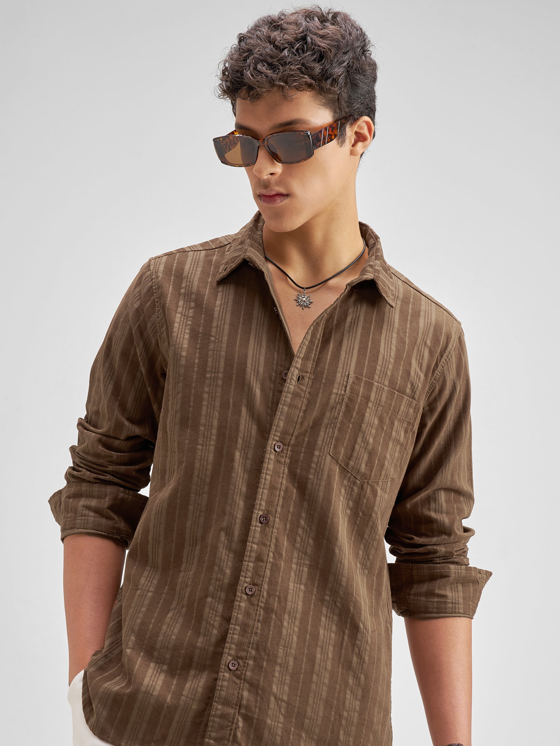 Highlander Men Brown Striped Slim Fit Casual Shirt - Brown - Image 1