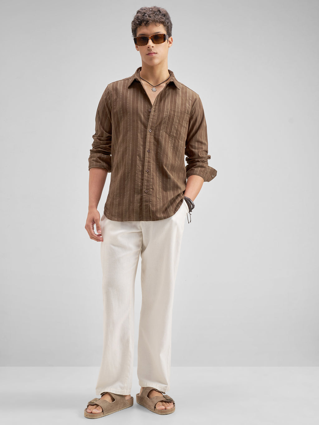 Highlander Men Brown Striped Slim Fit Casual Shirt - Brown - Image 2