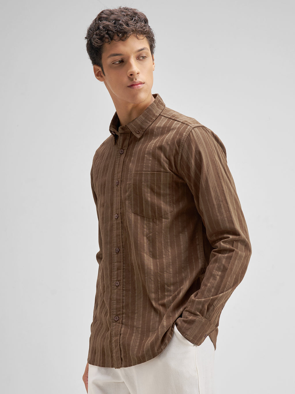Highlander Men Brown Striped Slim Fit Casual Shirt - Brown - Image 4