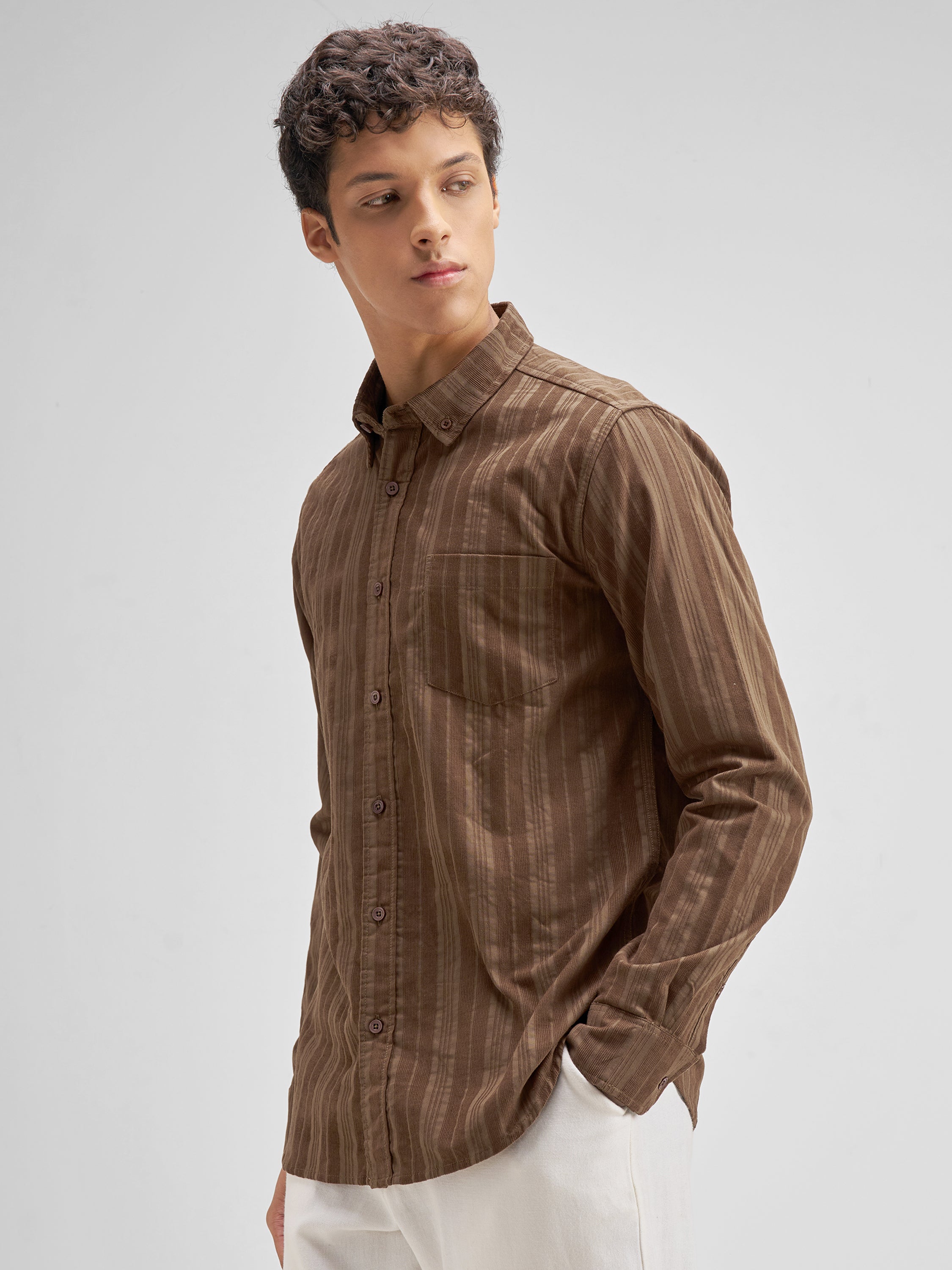 Highlander Men Brown Striped Slim Fit Casual Shirt - Brown - Image 4