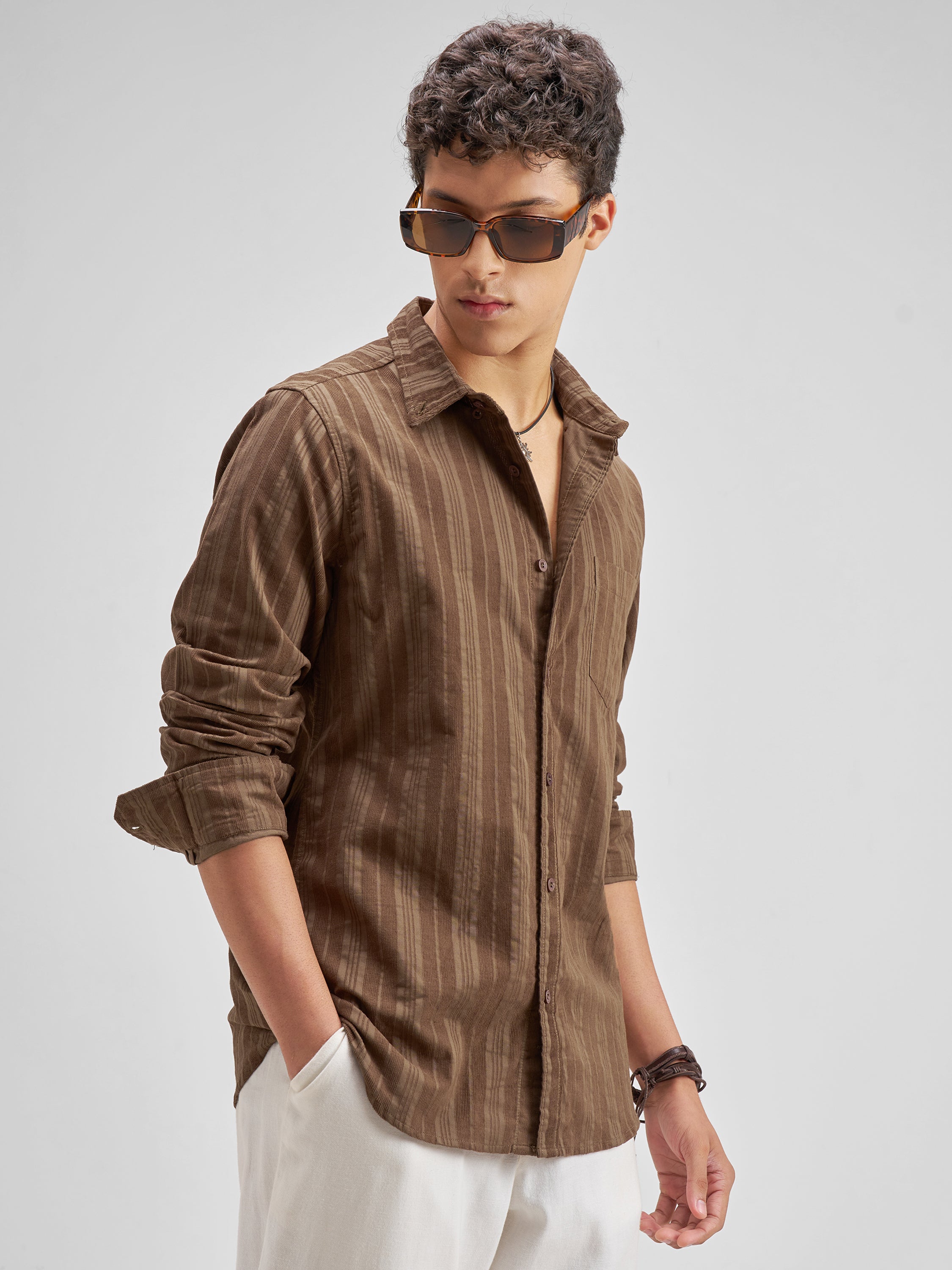Highlander Men Brown Striped Slim Fit Casual Shirt - Brown - Image 6