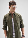 Highlander Men Olive Striped Slim Fit Casual Shirt - Olive - Image 1