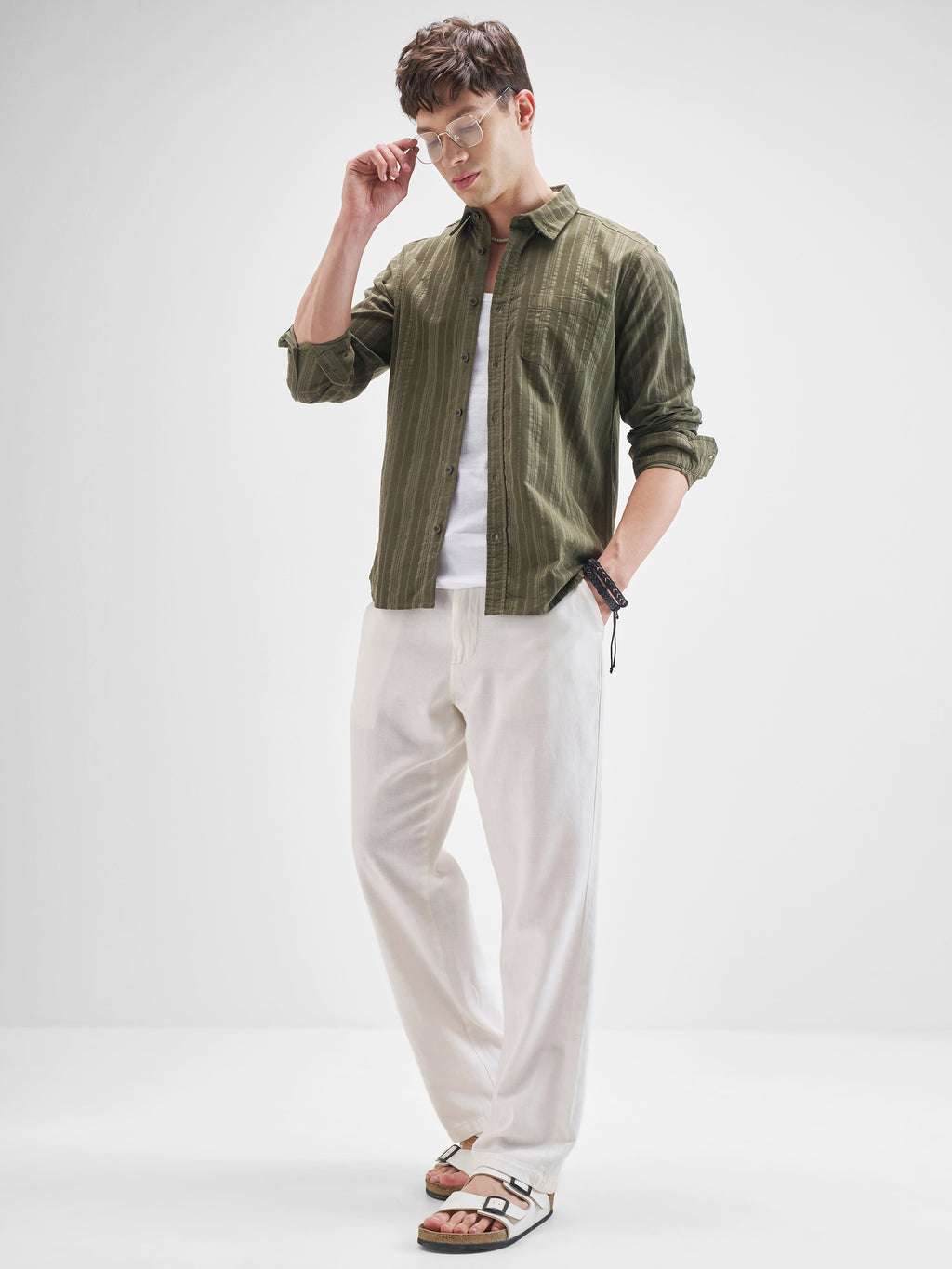Highlander Men Olive Striped Slim Fit Casual Shirt - Olive - Image 2