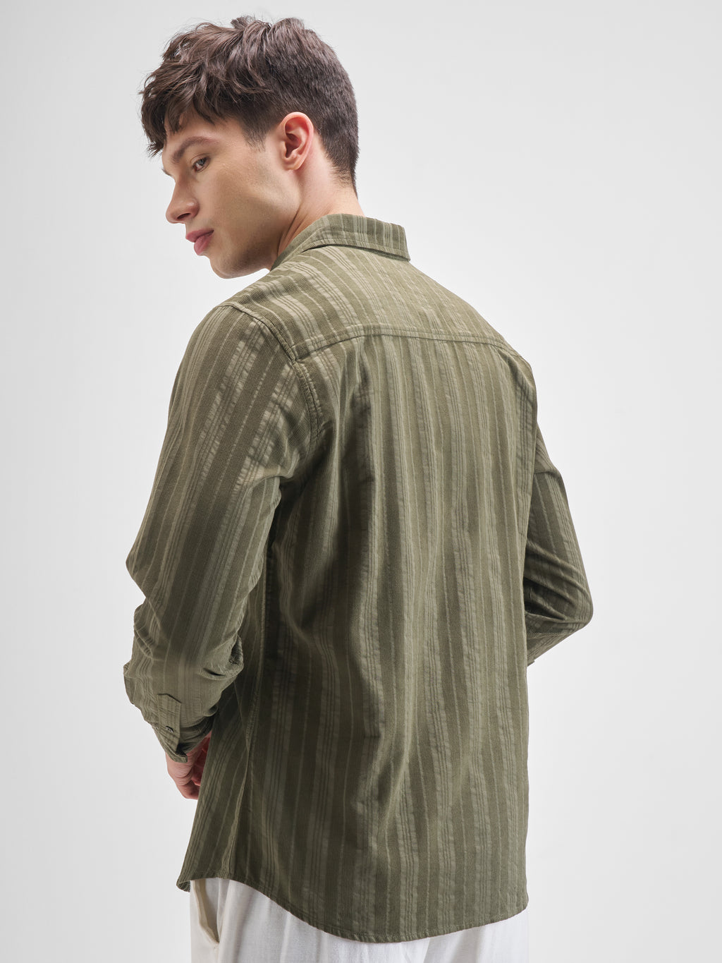 Highlander Men Olive Striped Slim Fit Casual Shirt - Olive - Image 3