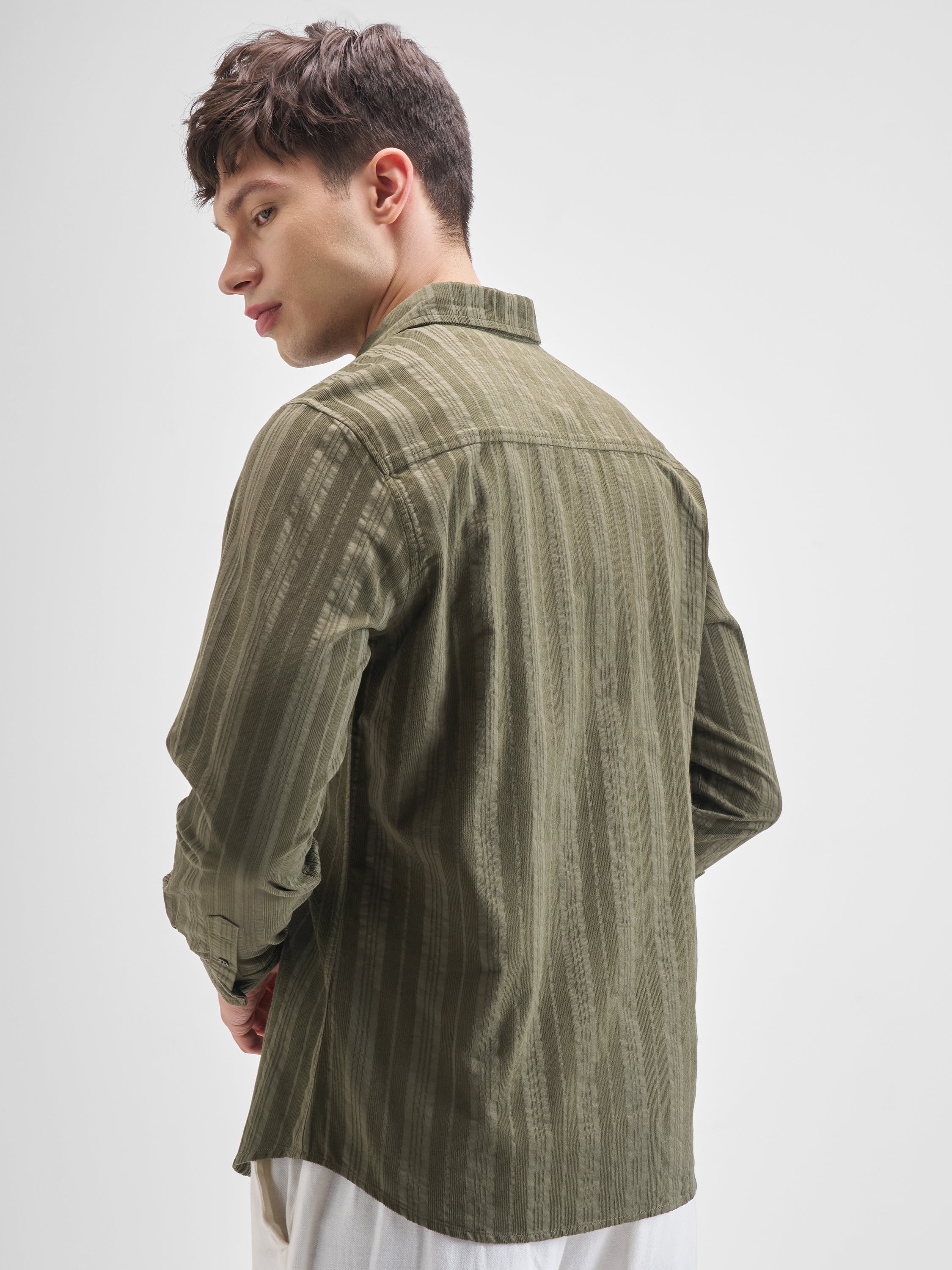 Highlander Men Olive Striped Slim Fit Casual Shirt - Olive - Image 3