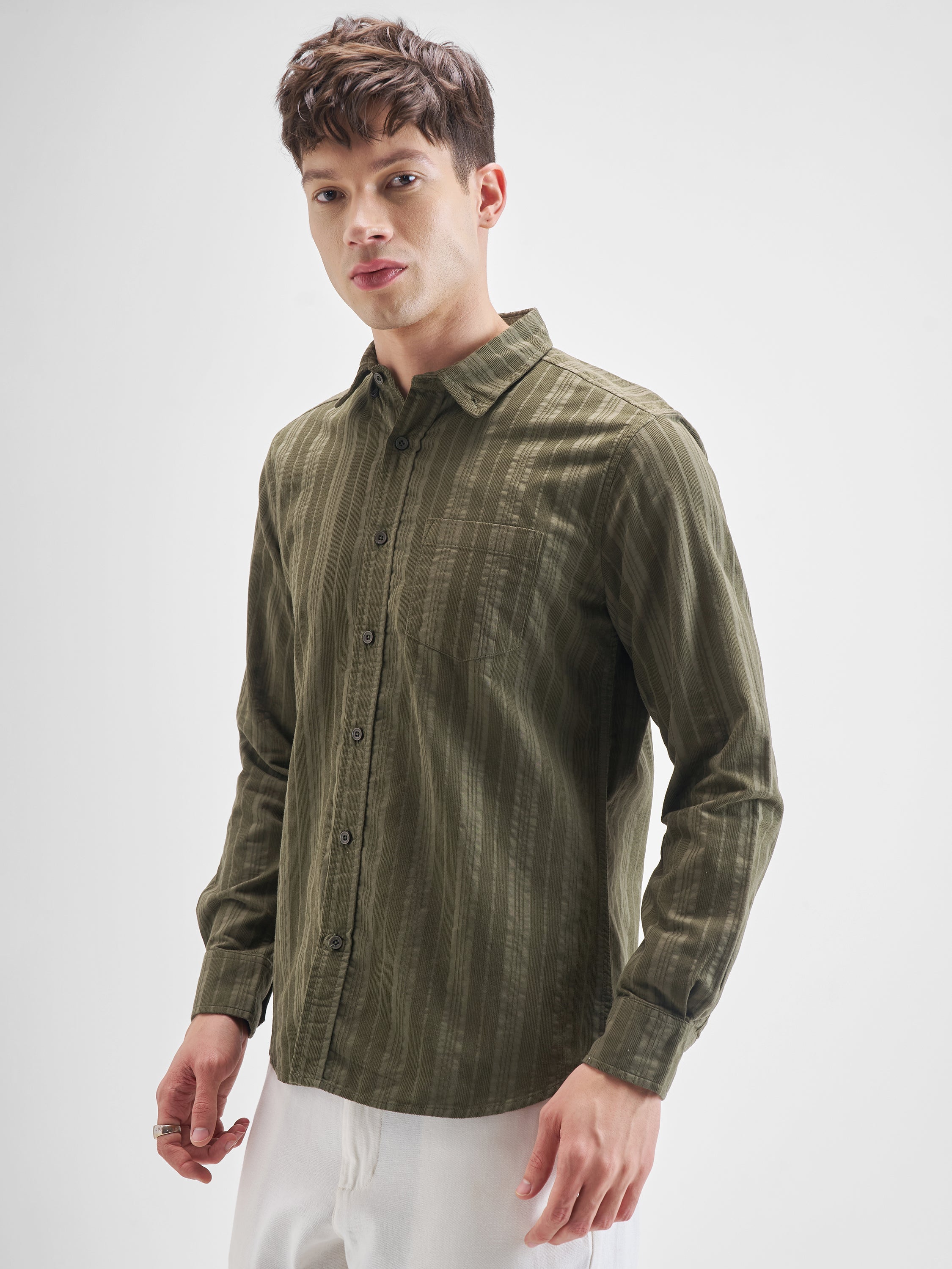 Highlander Men Olive Striped Slim Fit Casual Shirt - Olive - Image 4