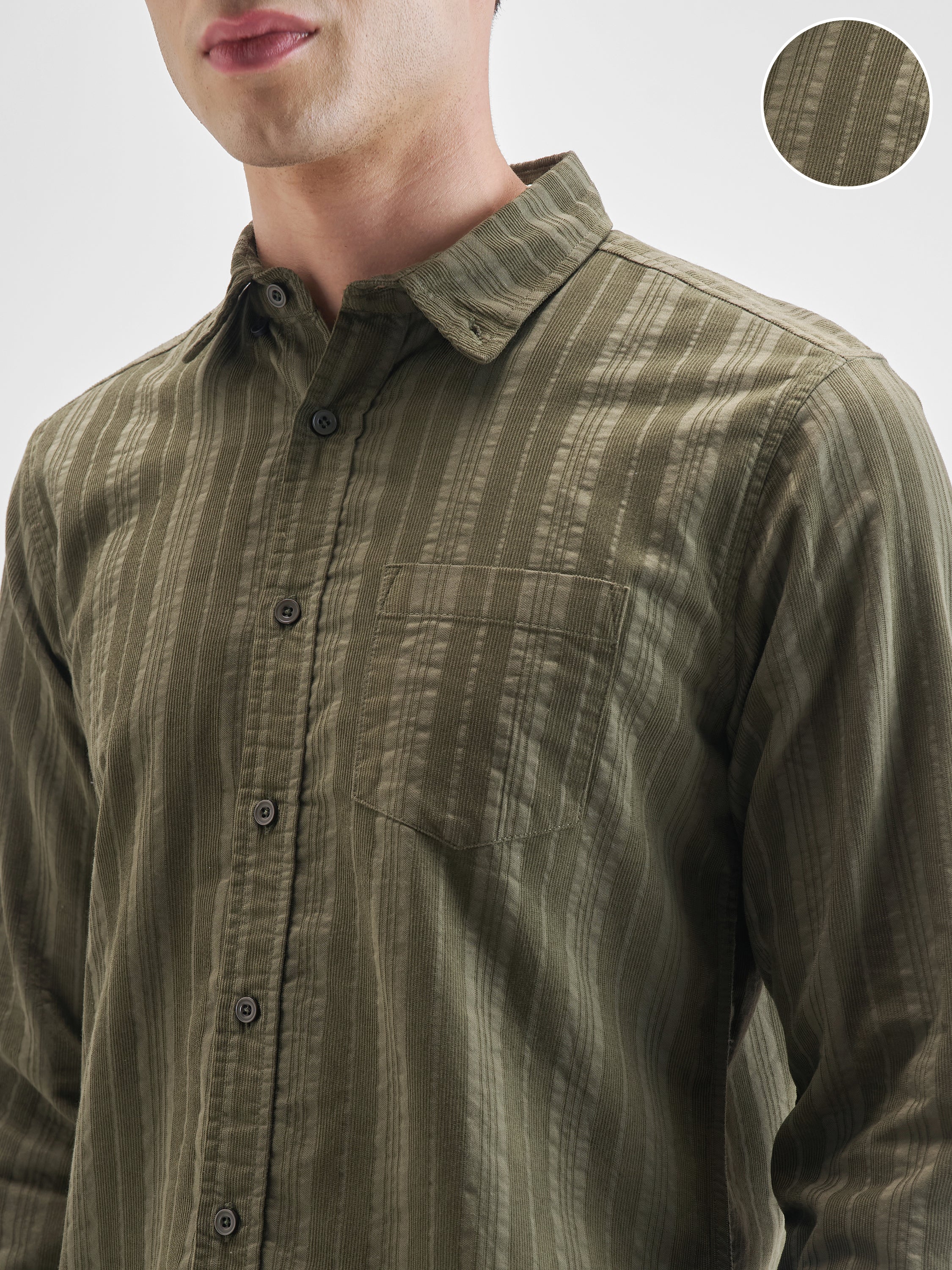 Highlander Men Olive Striped Slim Fit Casual Shirt - Olive - Image 5