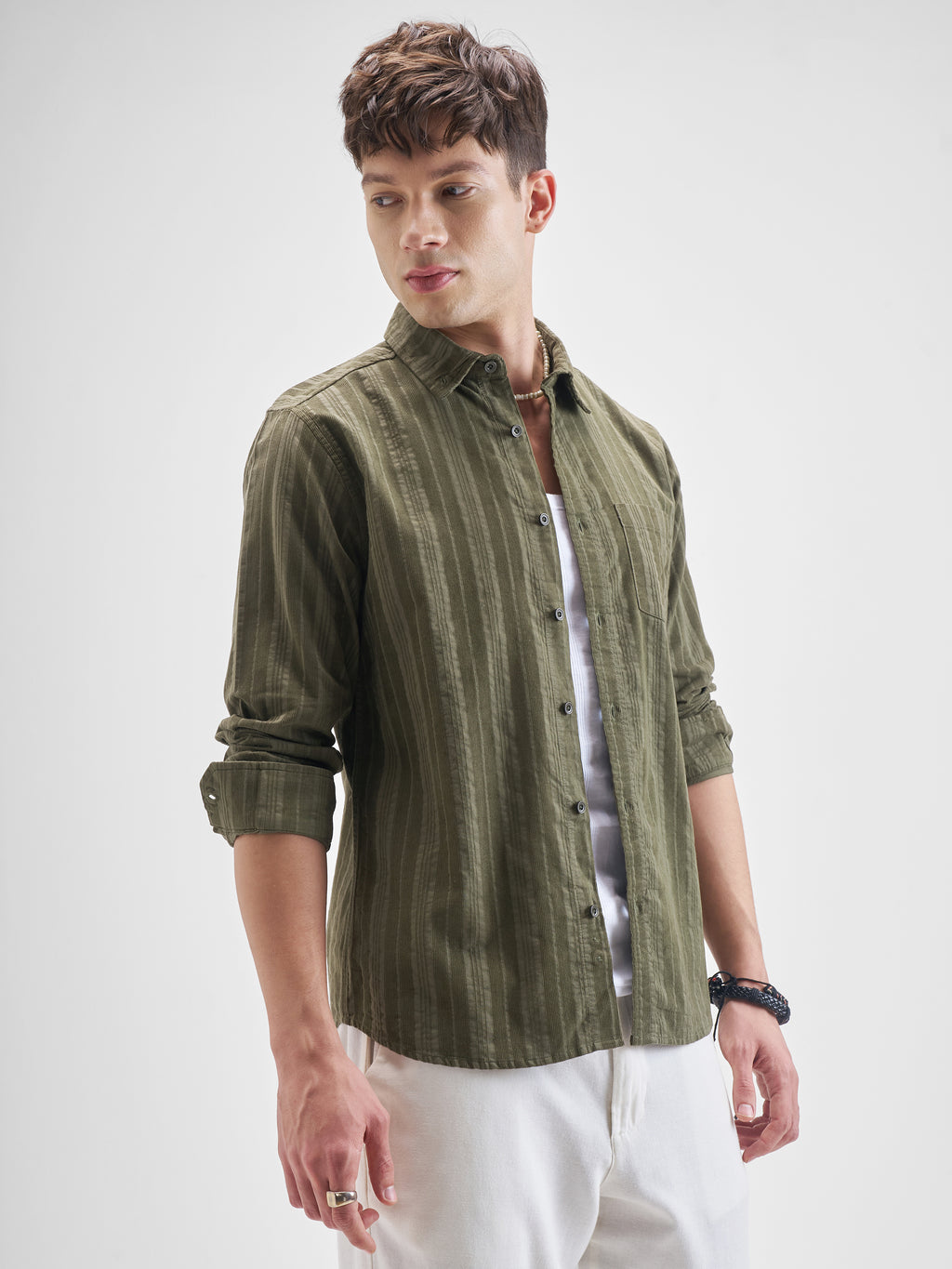 Highlander Men Olive Striped Slim Fit Casual Shirt - Olive - Image 6
