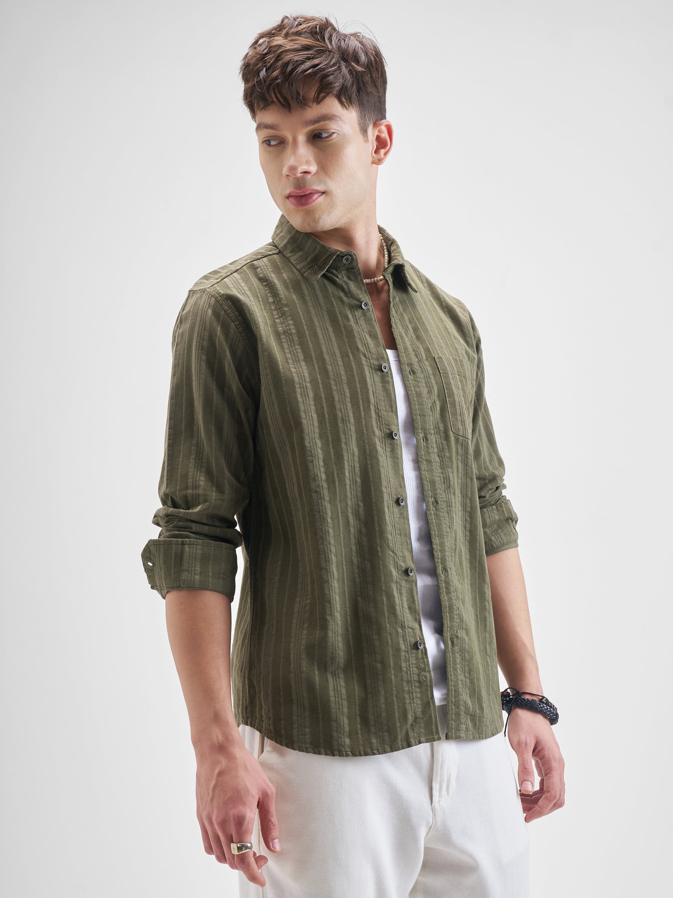 Highlander Men Olive Striped Slim Fit Casual Shirt - Olive - Image 6