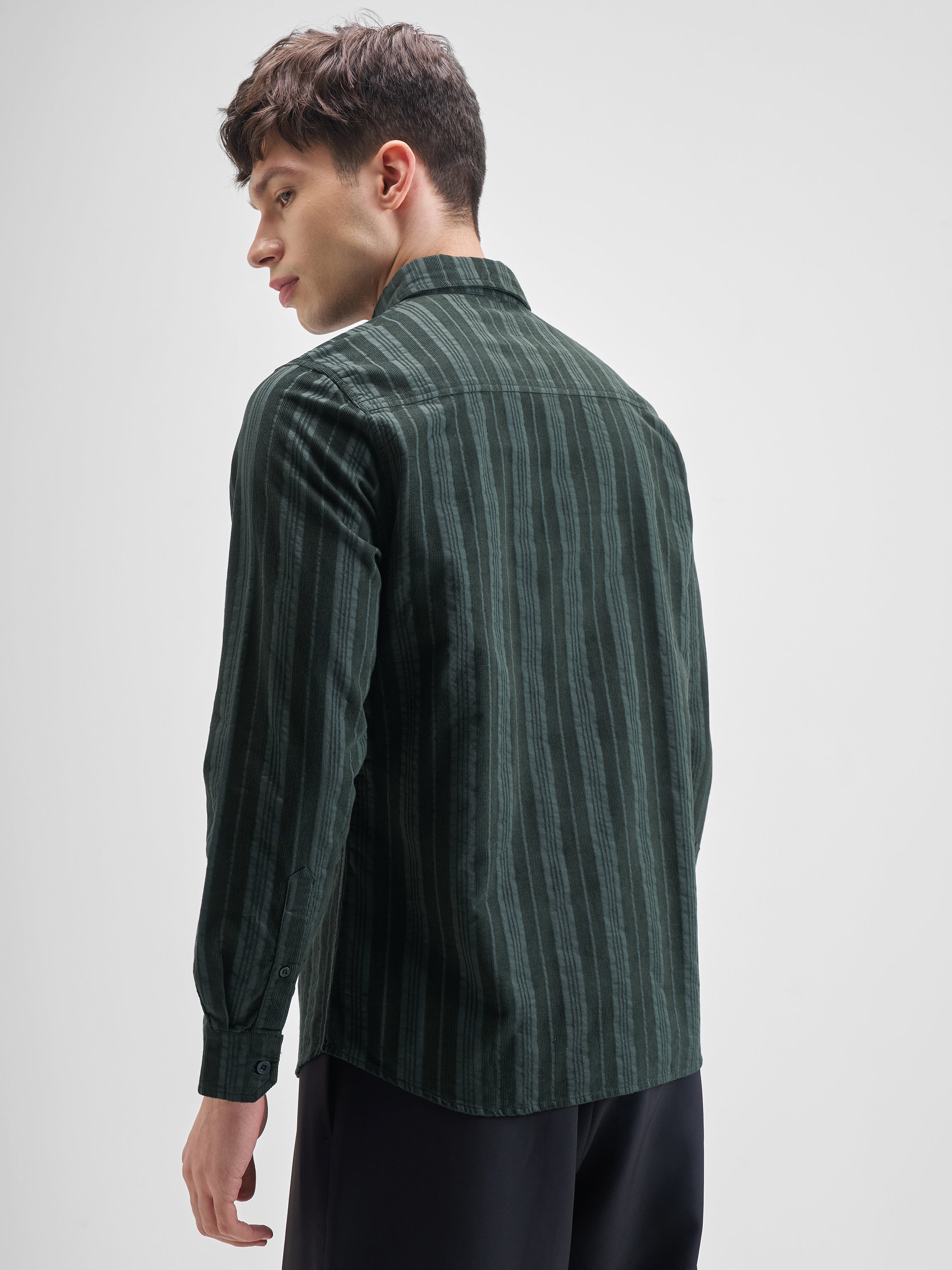 Highlander Men Green Striped Slim Fit Casual Shirt - Green - Image 3