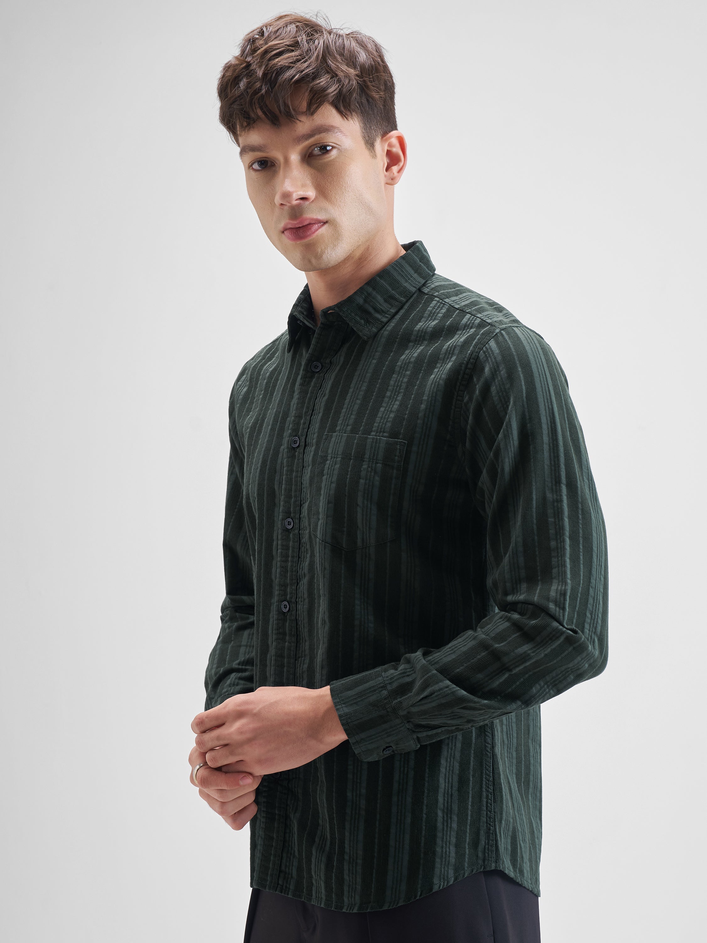Highlander Men Green Striped Slim Fit Casual Shirt - Green - Image 4