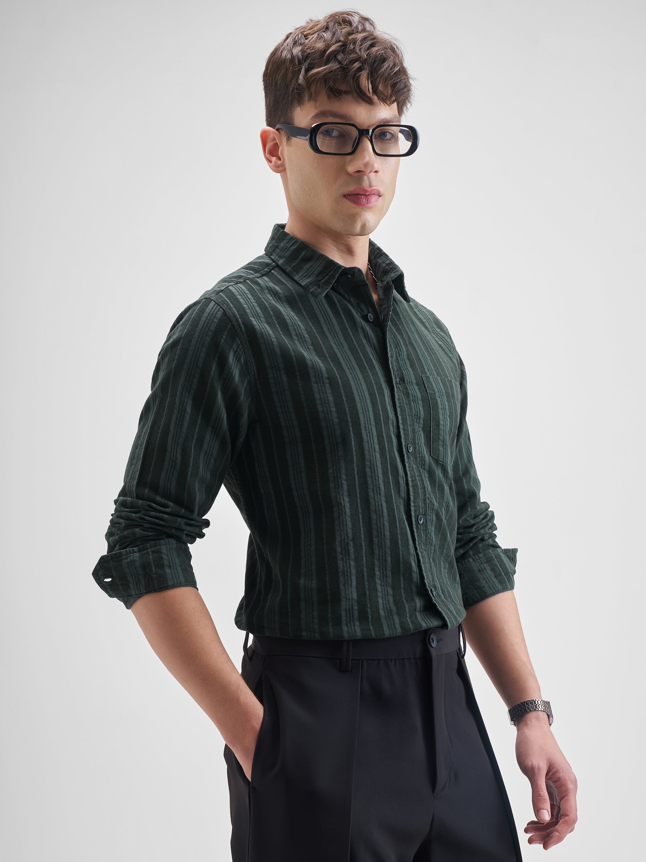 Highlander Men Green Striped Slim Fit Casual Shirt - Green - Image 6