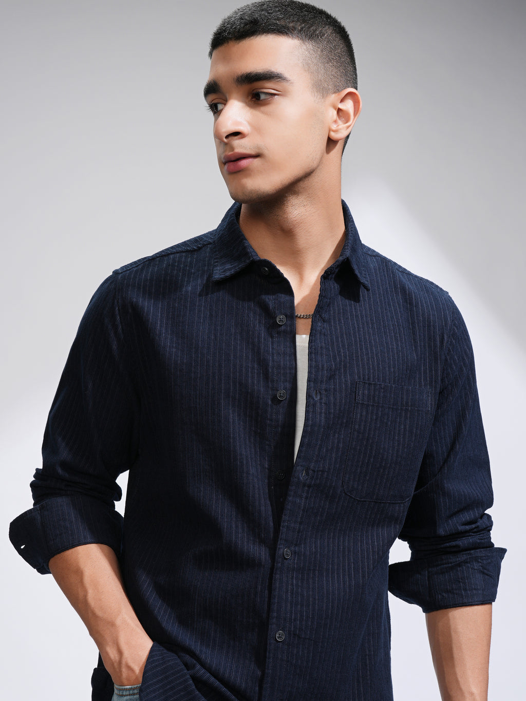 Highlander Men Navy Blue Self Design Slim Fit Casual Shirt - Navy Blue - Image 1