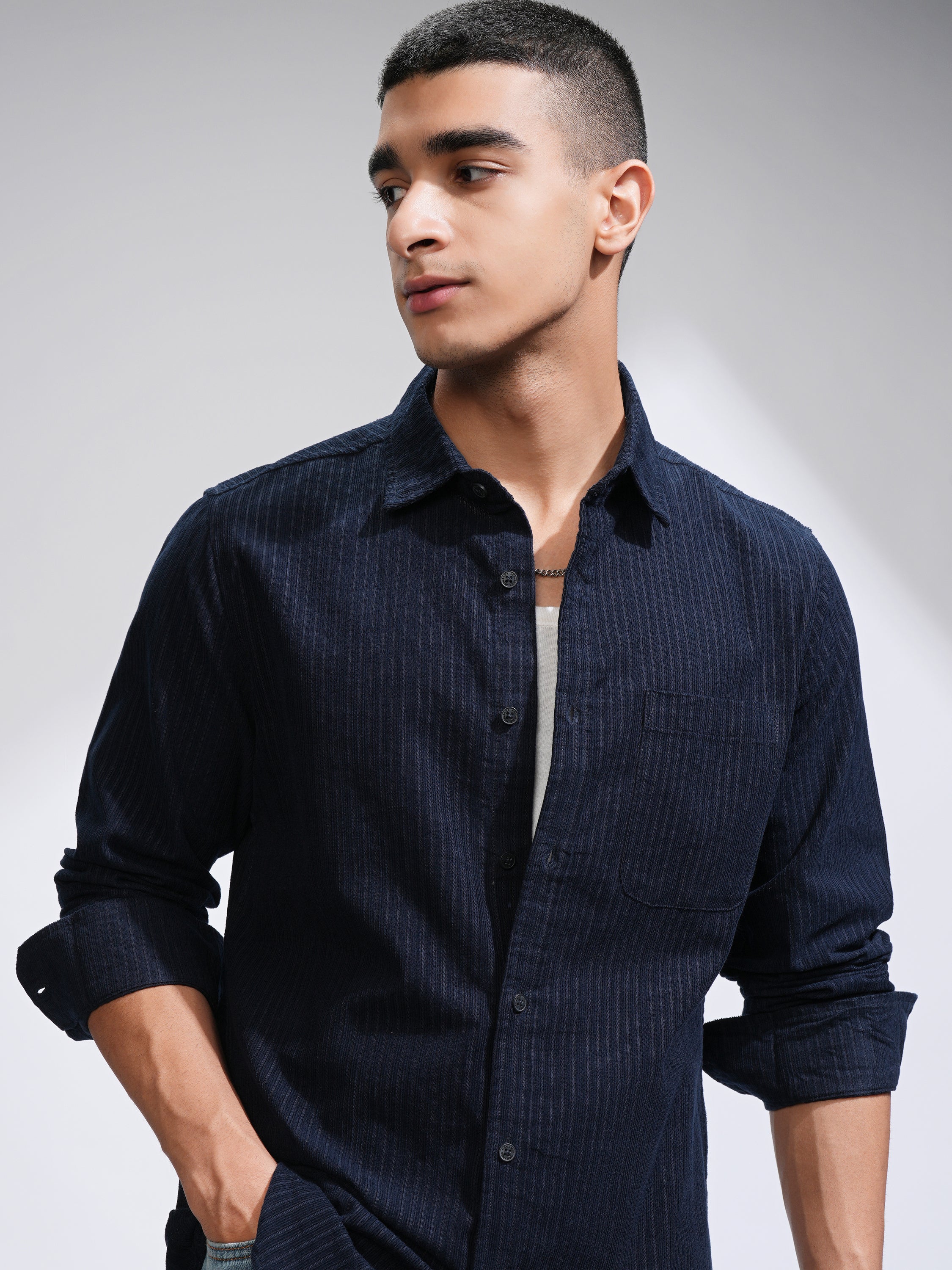 Highlander Men Navy Blue Self Design Slim Fit Casual Shirt - Navy Blue - Image 1