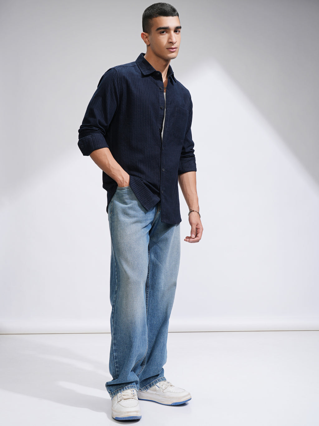 Highlander Men Navy Blue Self Design Slim Fit Casual Shirt - Navy Blue - Image 2