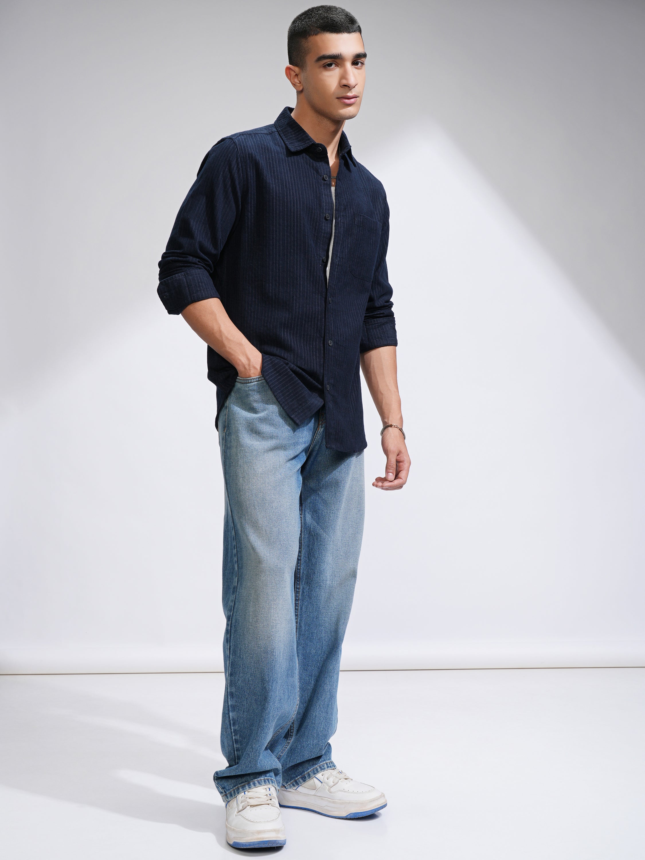 Highlander Men Navy Blue Self Design Slim Fit Casual Shirt - Navy Blue - Image 2