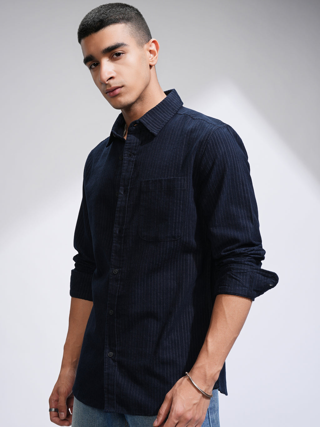 Highlander Men Navy Blue Self Design Slim Fit Casual Shirt - Navy Blue - Image 4