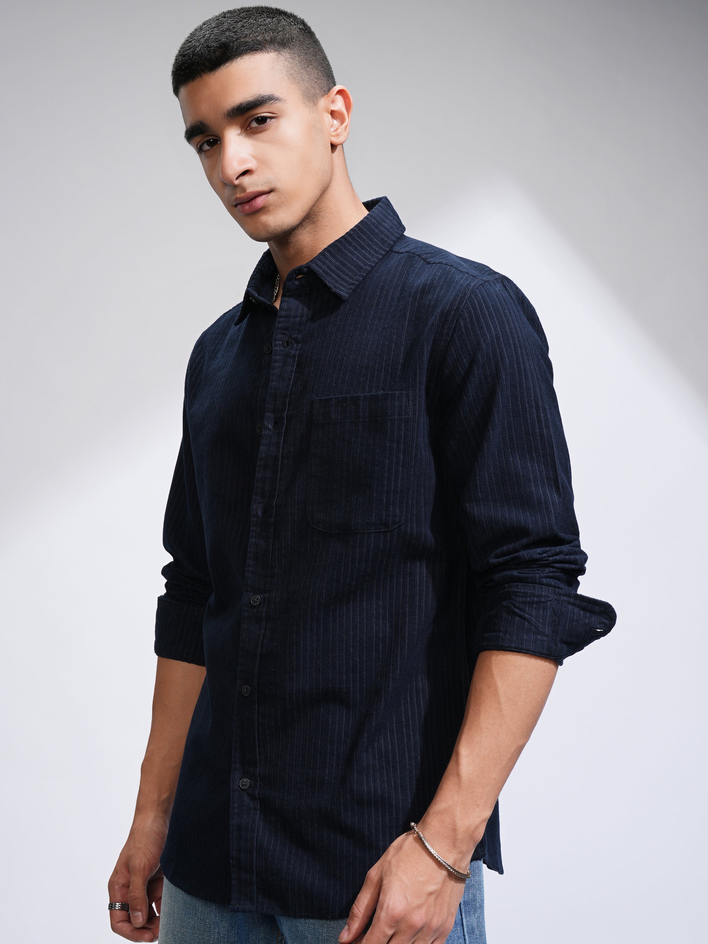 Highlander Men Navy Blue Self Design Slim Fit Casual Shirt - Navy Blue - Image 4
