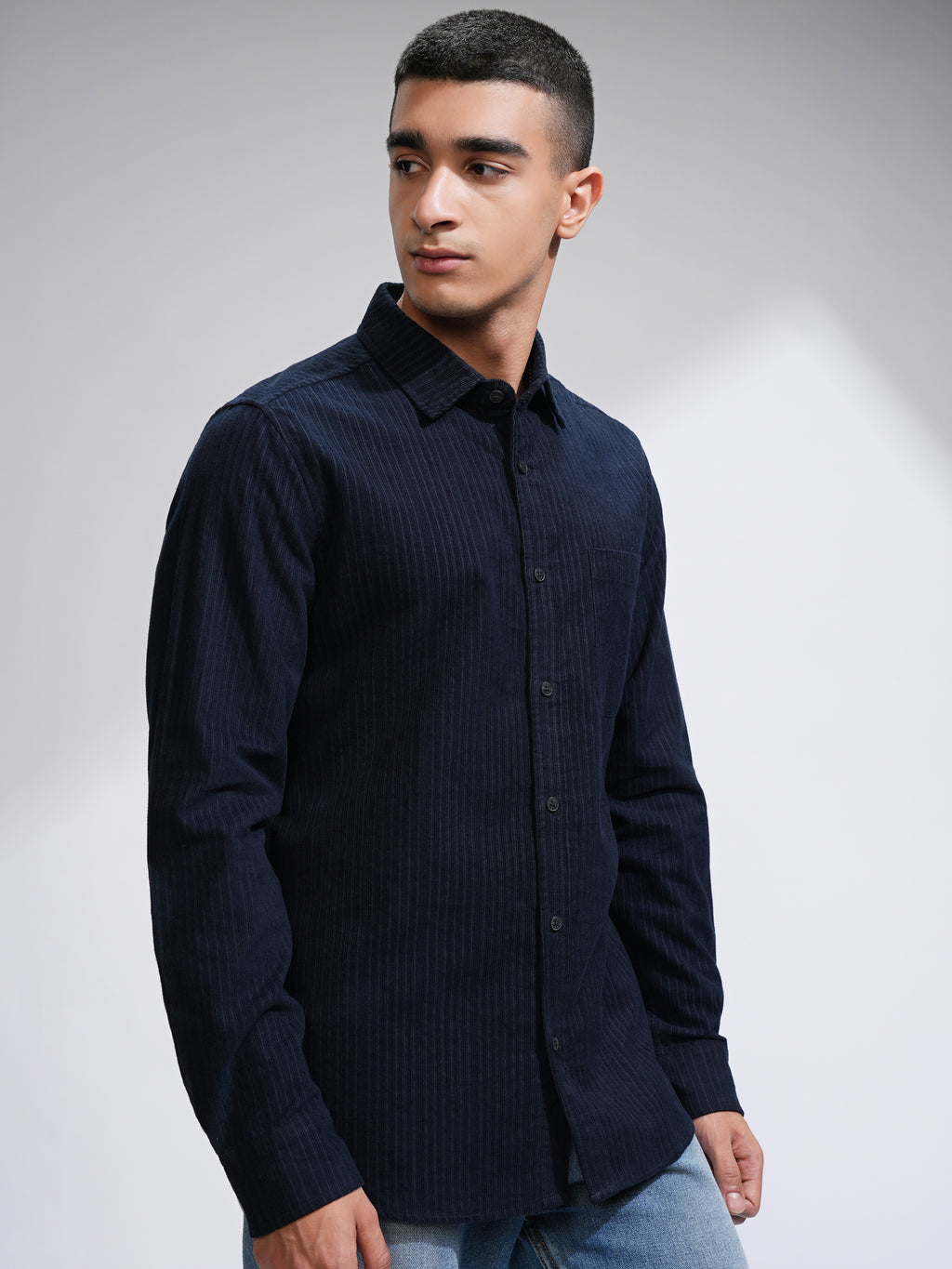 Highlander Men Navy Blue Self Design Slim Fit Casual Shirt - Navy Blue - Image 6