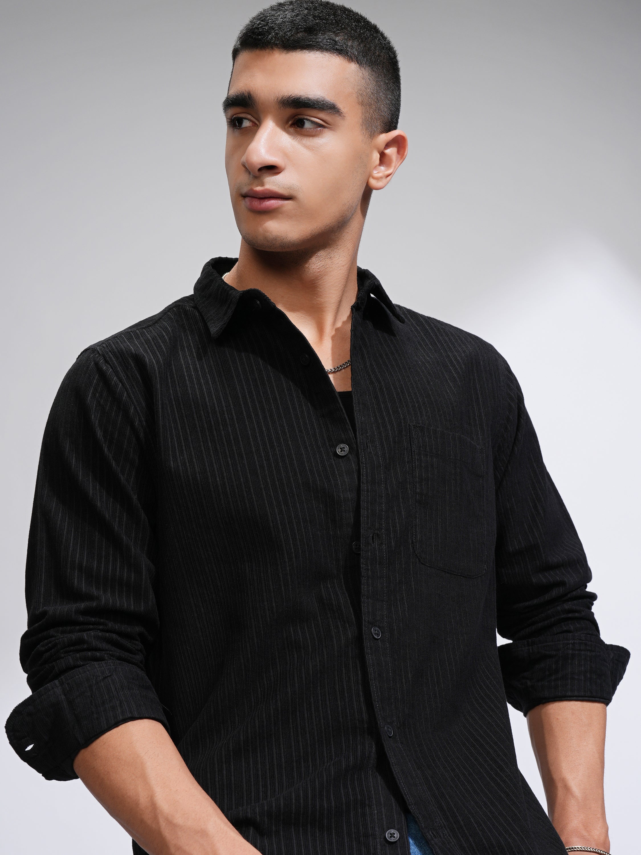Highlander Men Black Self Design Slim Fit Casual Shirt - Black - Image 1