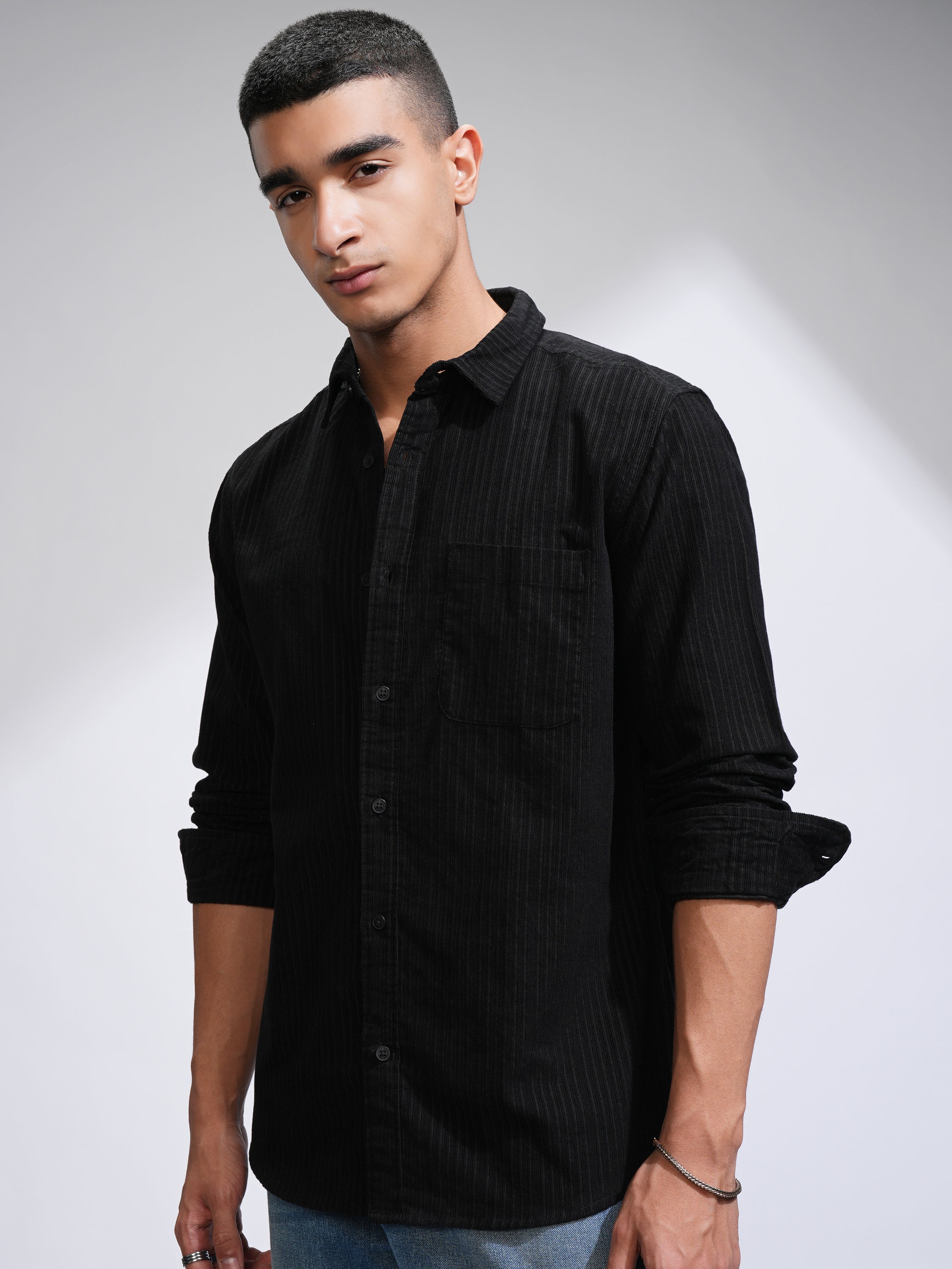 Highlander Men Black Self Design Slim Fit Casual Shirt - Black - Image 4