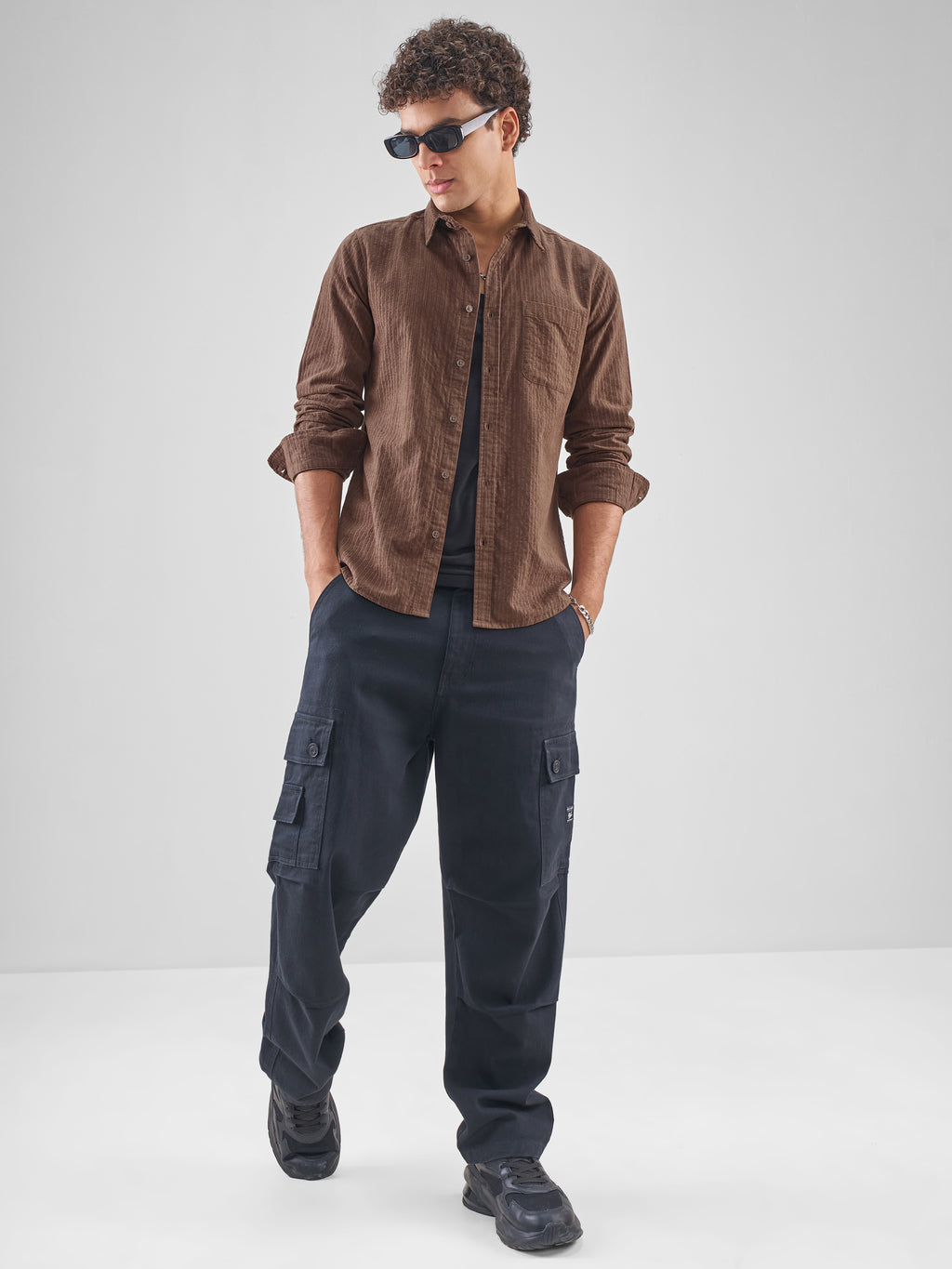 Highlander Men Brown Self Design Slim Fit Casual Shirt - Brown - Image 2
