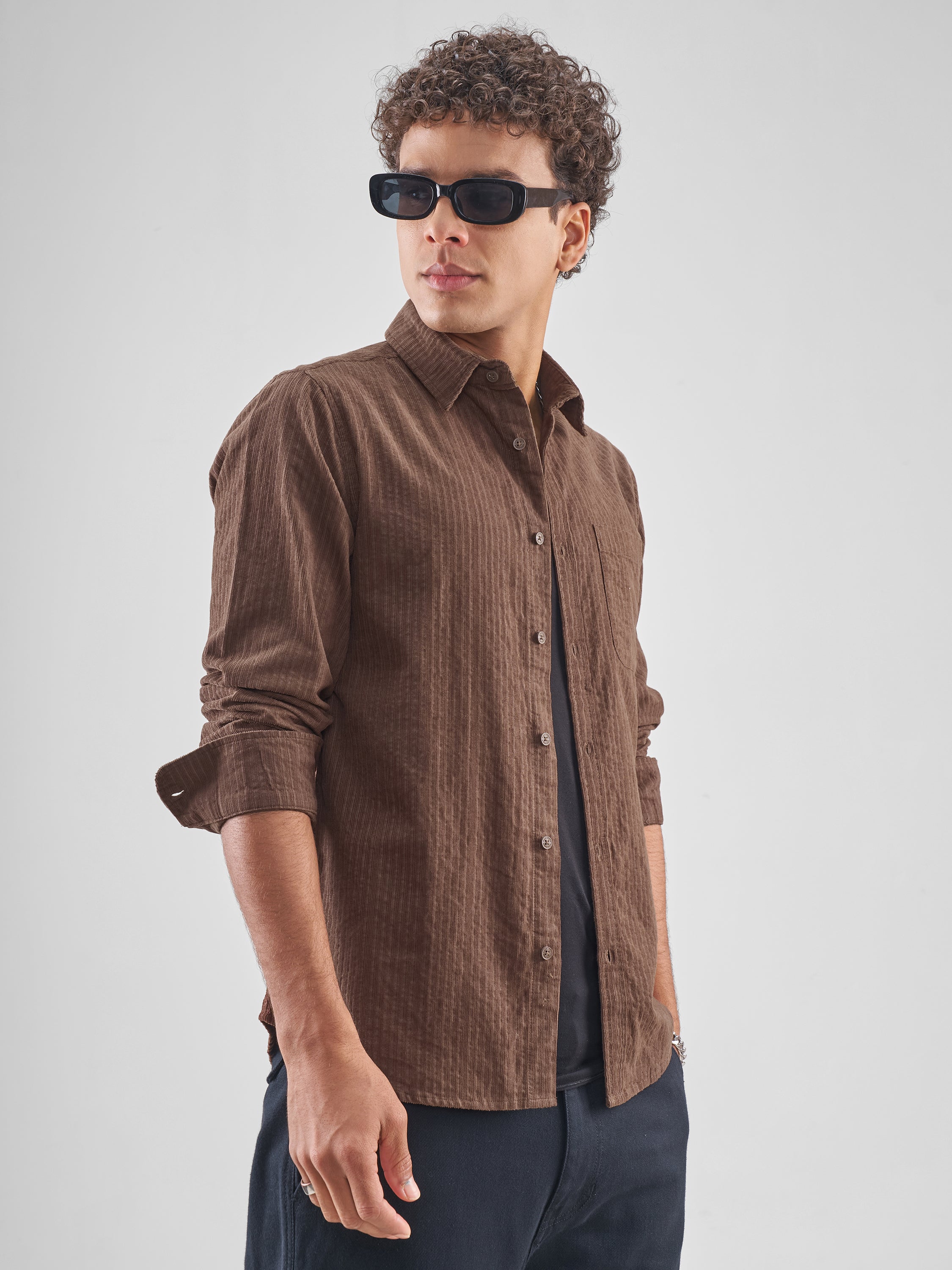 Highlander Men Brown Self Design Slim Fit Casual Shirt - Brown - Image 6