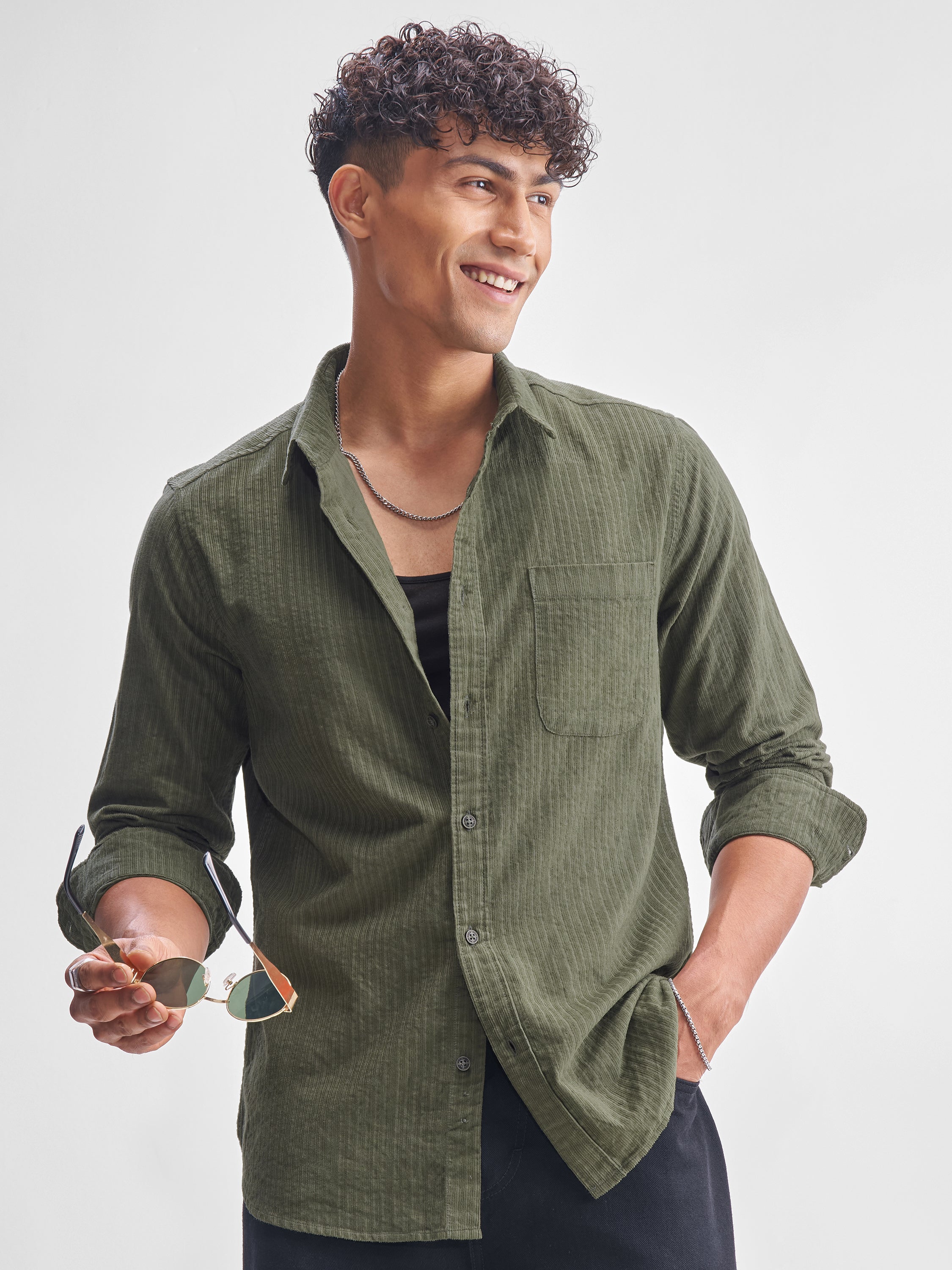 Highlander Men Olive Self Design Slim Fit Casual Shirt - Olive - Image 1