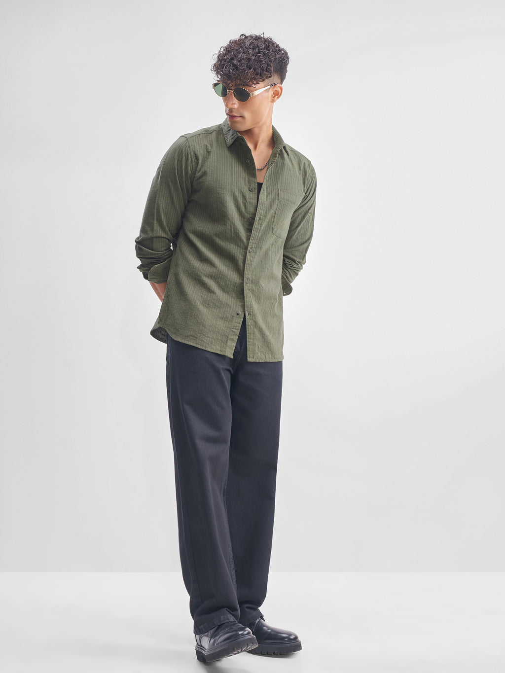 Highlander Men Olive Self Design Slim Fit Casual Shirt - Olive - Image 2
