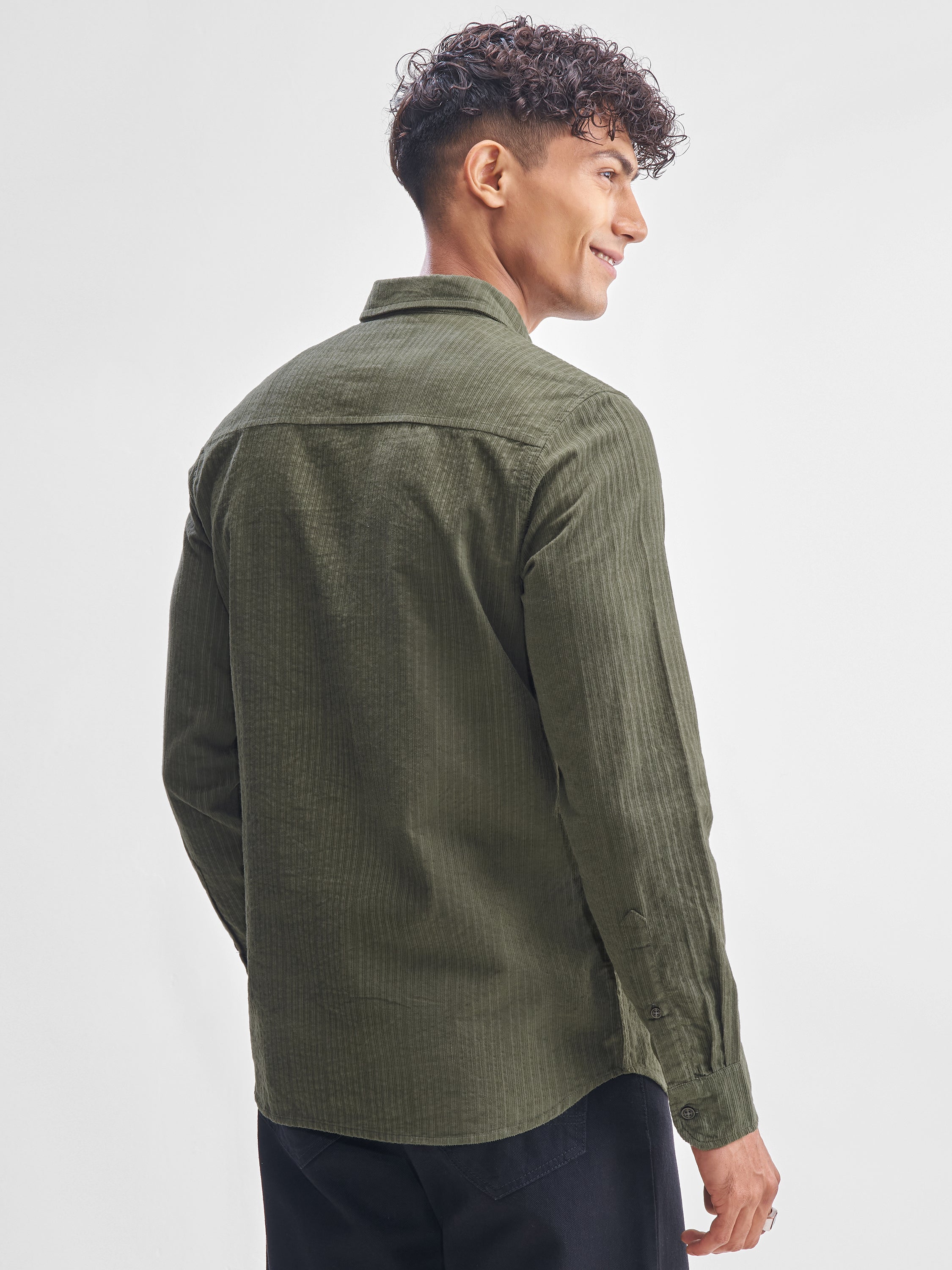 Highlander Men Olive Self Design Slim Fit Casual Shirt - Olive - Image 3