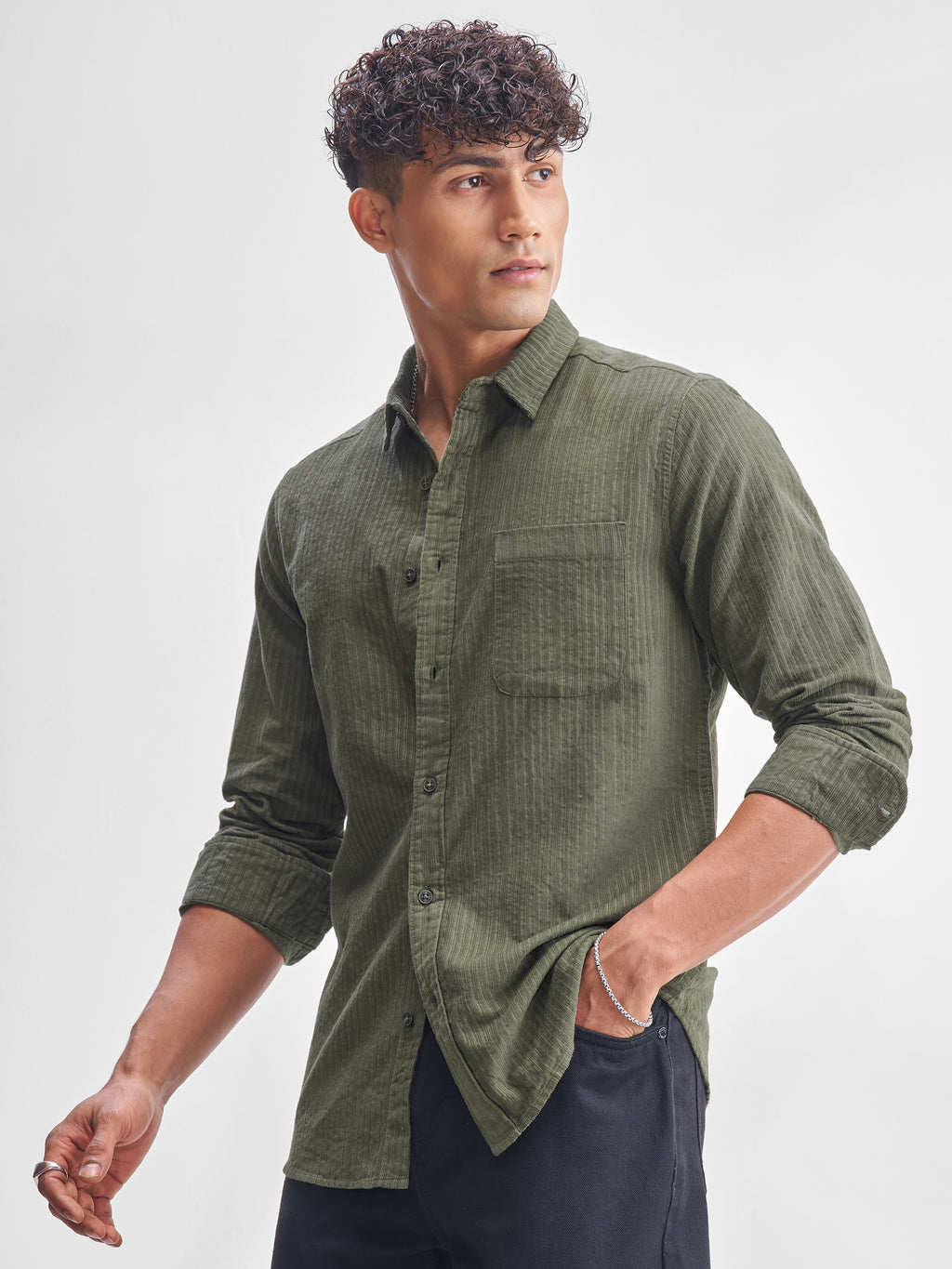 Highlander Men Olive Self Design Slim Fit Casual Shirt - Olive - Image 4
