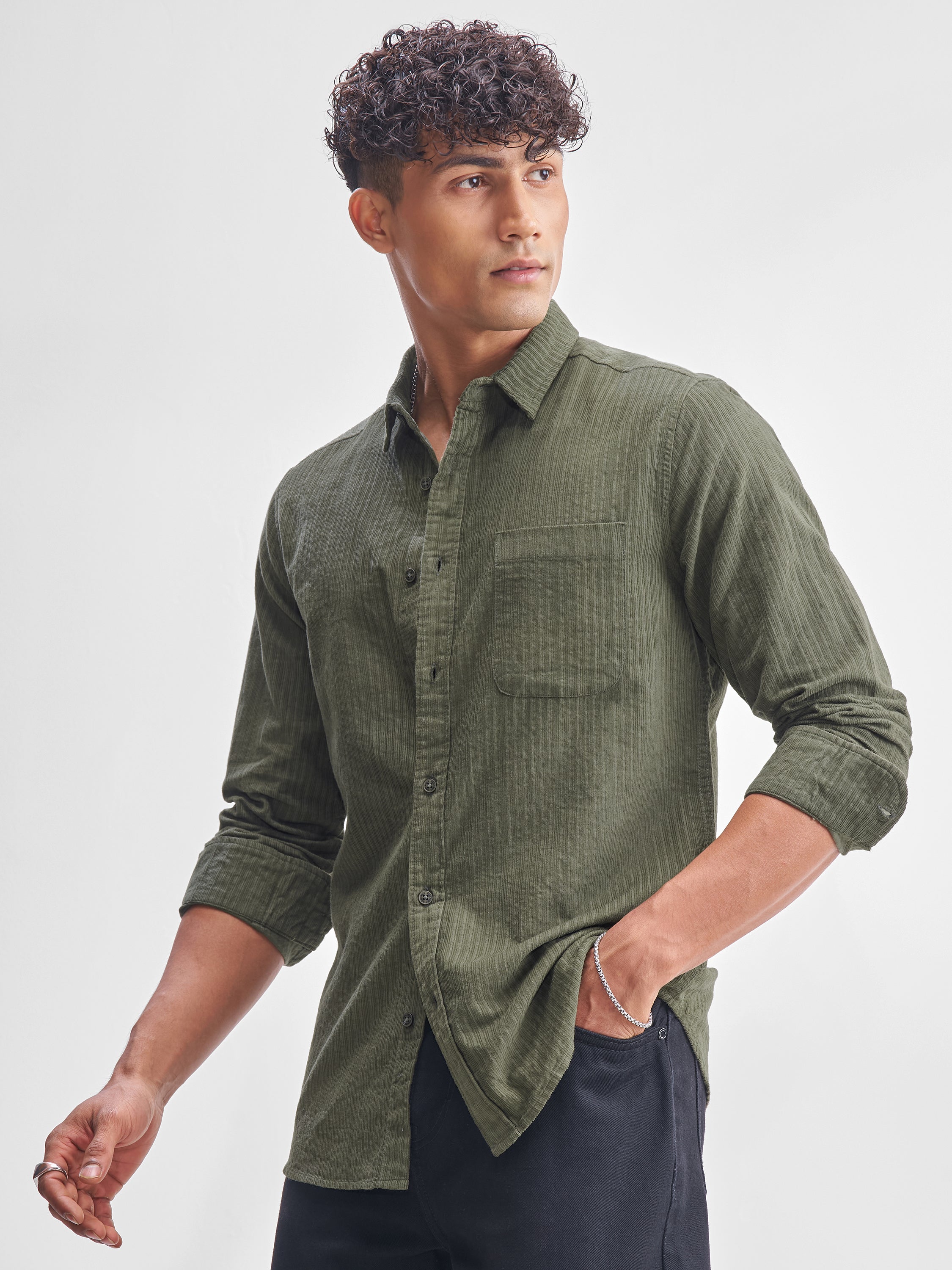 Highlander Men Olive Self Design Slim Fit Casual Shirt - Olive - Image 4