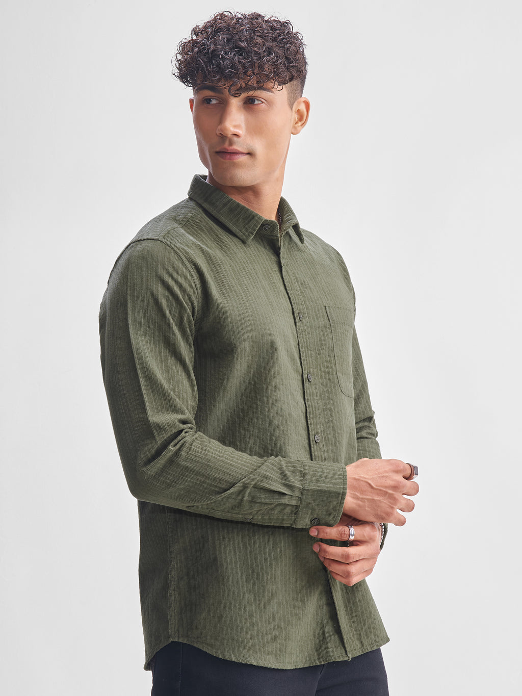 Highlander Men Olive Self Design Slim Fit Casual Shirt - Olive - Image 6